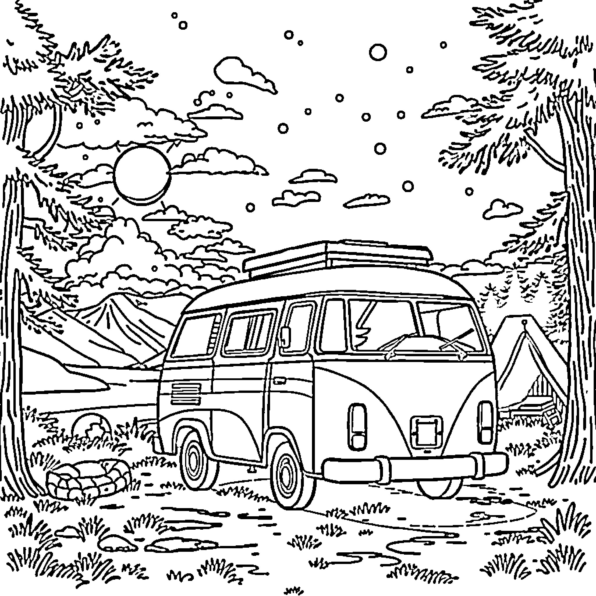 Campervan Camping in Scenic Wilderness Coloring Page (free black-and-white line drawing printable PDF for all, from beginners to advanced learners, including children, teens, adults, and seniors)
