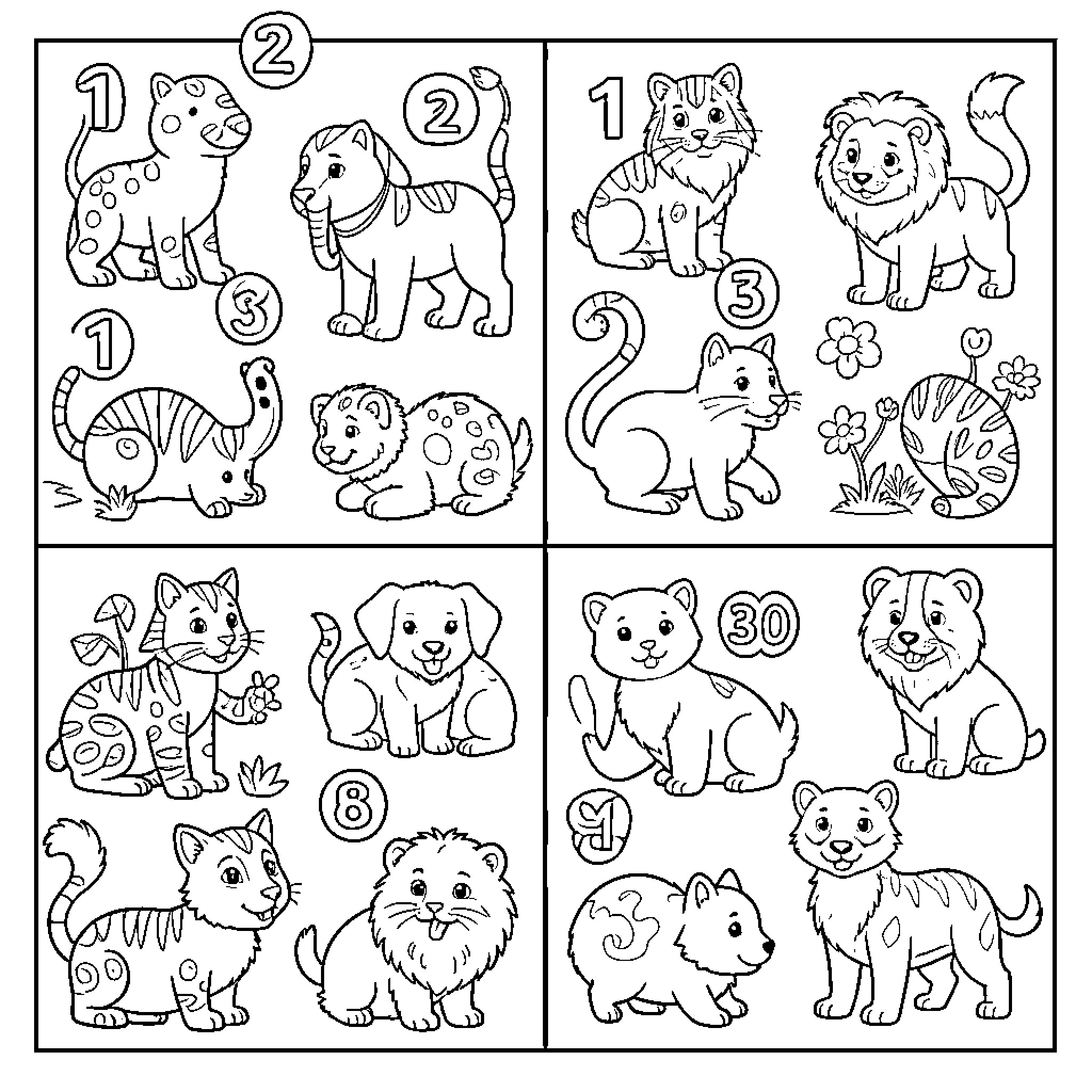 Numbers and Animals in a Coloring Grid Coloring Page (free black-and-white line drawing printable PDF for all, from beginners to advanced learners, including children, teens, adults, and seniors)