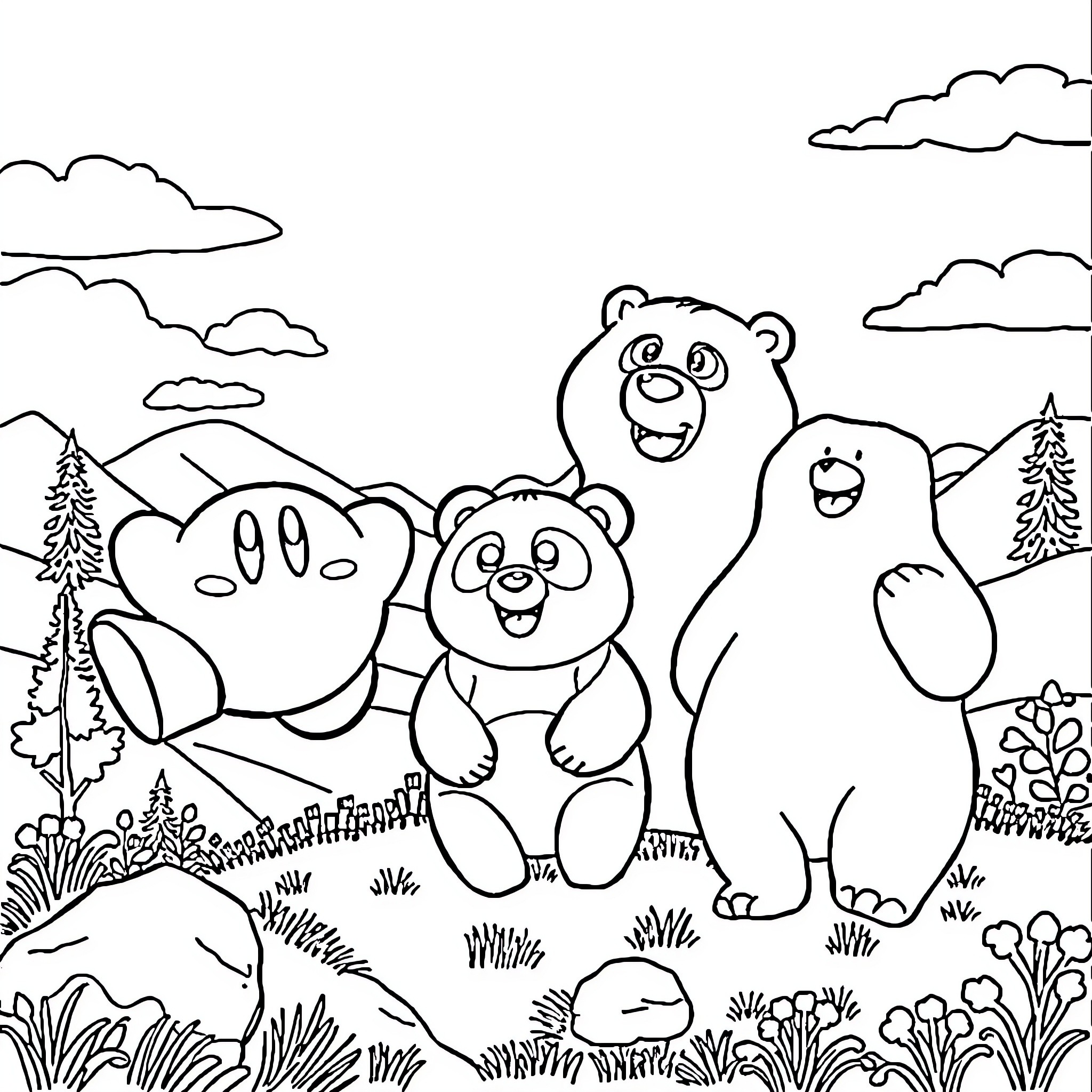 Kirby and Friends Explore the Outdoors Coloring Page (free black-and-white line drawing printable PDF for all, from beginners to advanced learners, including children, teens, adults, and seniors)