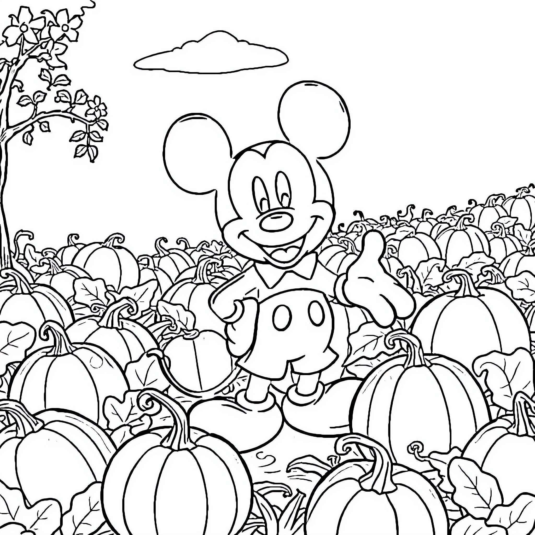Mickey Mouse among pumpkins and foliage Coloring Page (free black-and-white line drawing printable PDF for all, from beginners to advanced learners, including children, teens, adults, and seniors)