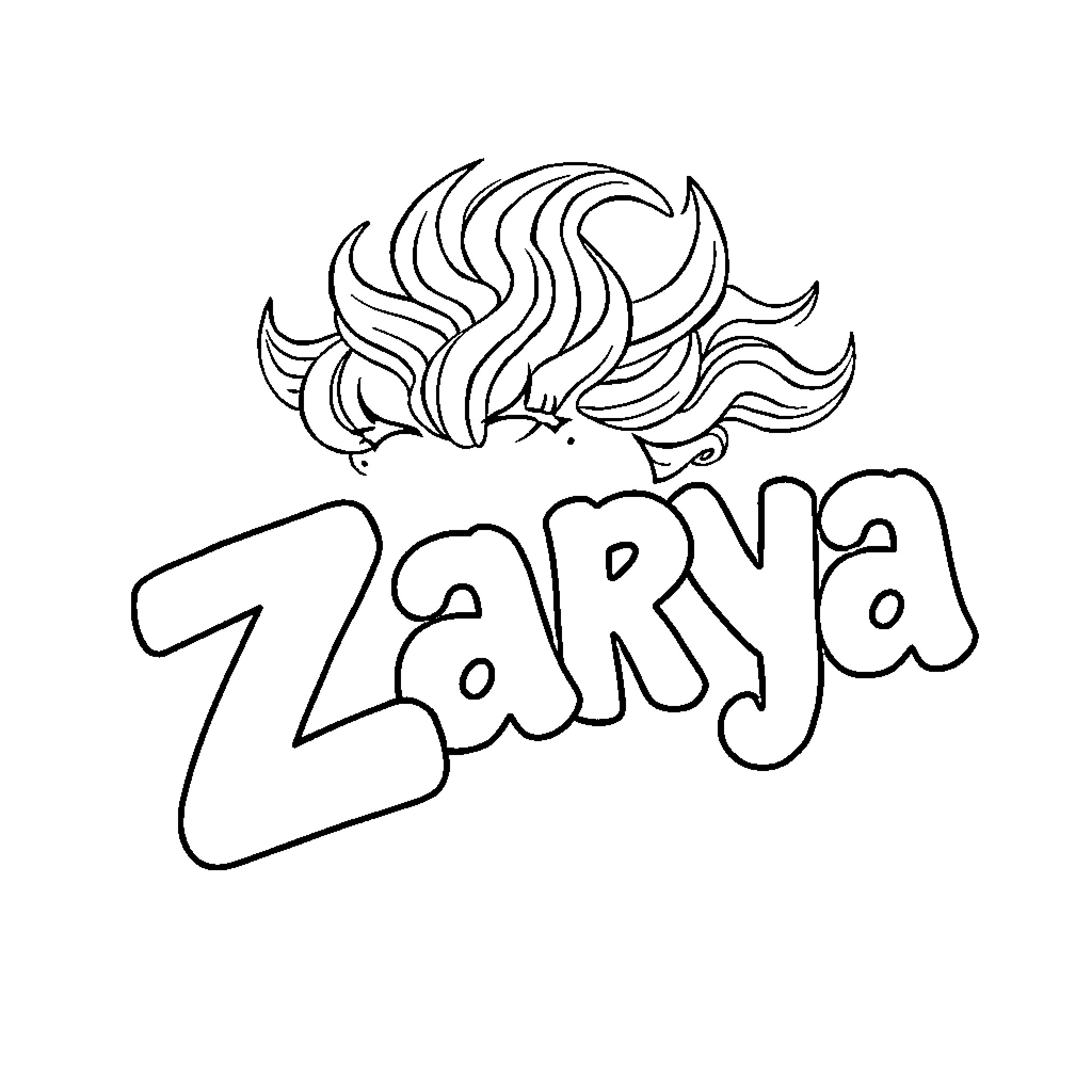 Zarya with stylized hair and name Coloring Page (free black-and-white line drawing printable PDF for all, from beginners to advanced learners, including children, teens, adults, and seniors)