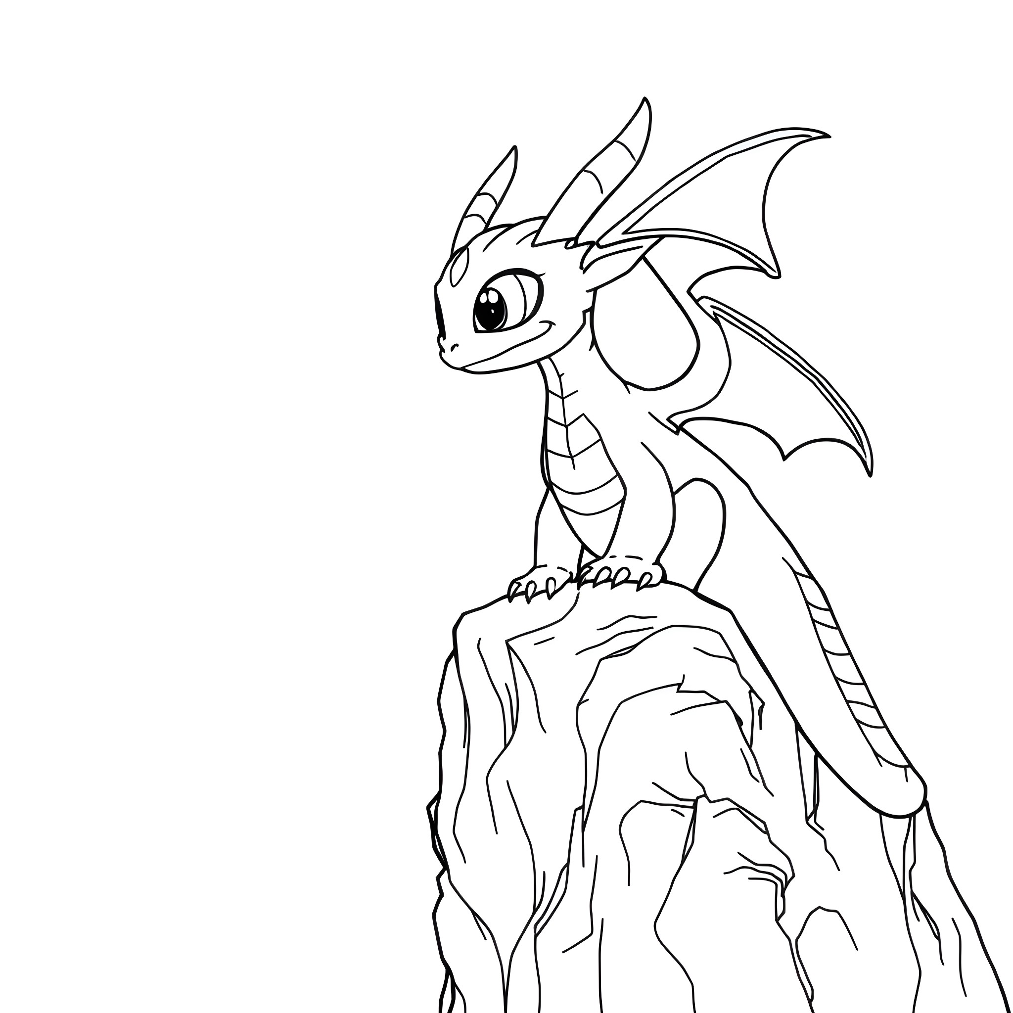 Toothless the dragon atop a rocky cliff Coloring Page (free black-and-white line drawing printable PDF for all, from beginners to advanced learners, including children, teens, adults, and seniors)