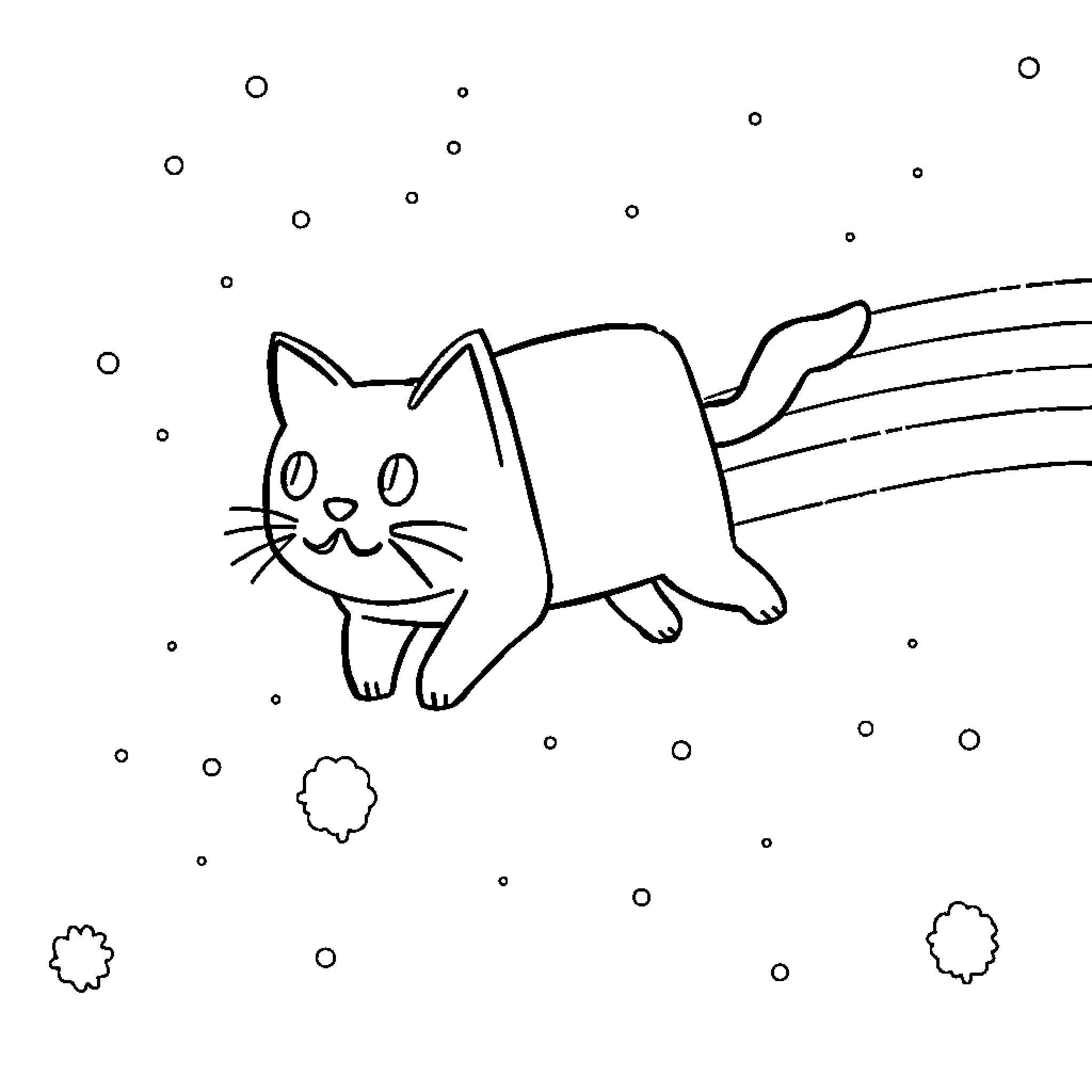 Nyan Cat flying through the sky Coloring Page (free black-and-white line drawing printable PDF for all, from beginners to advanced learners, including children, teens, adults, and seniors)