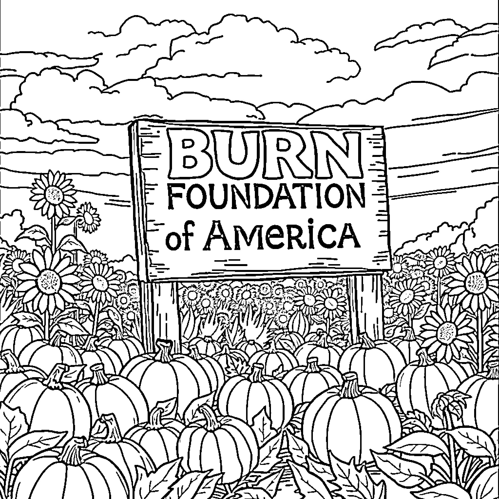 Sign for Burn Foundation of America in field of pumpkins Coloring Page (free black-and-white line drawing printable PDF for all, from beginners to advanced learners, including children, teens, adults, and seniors)