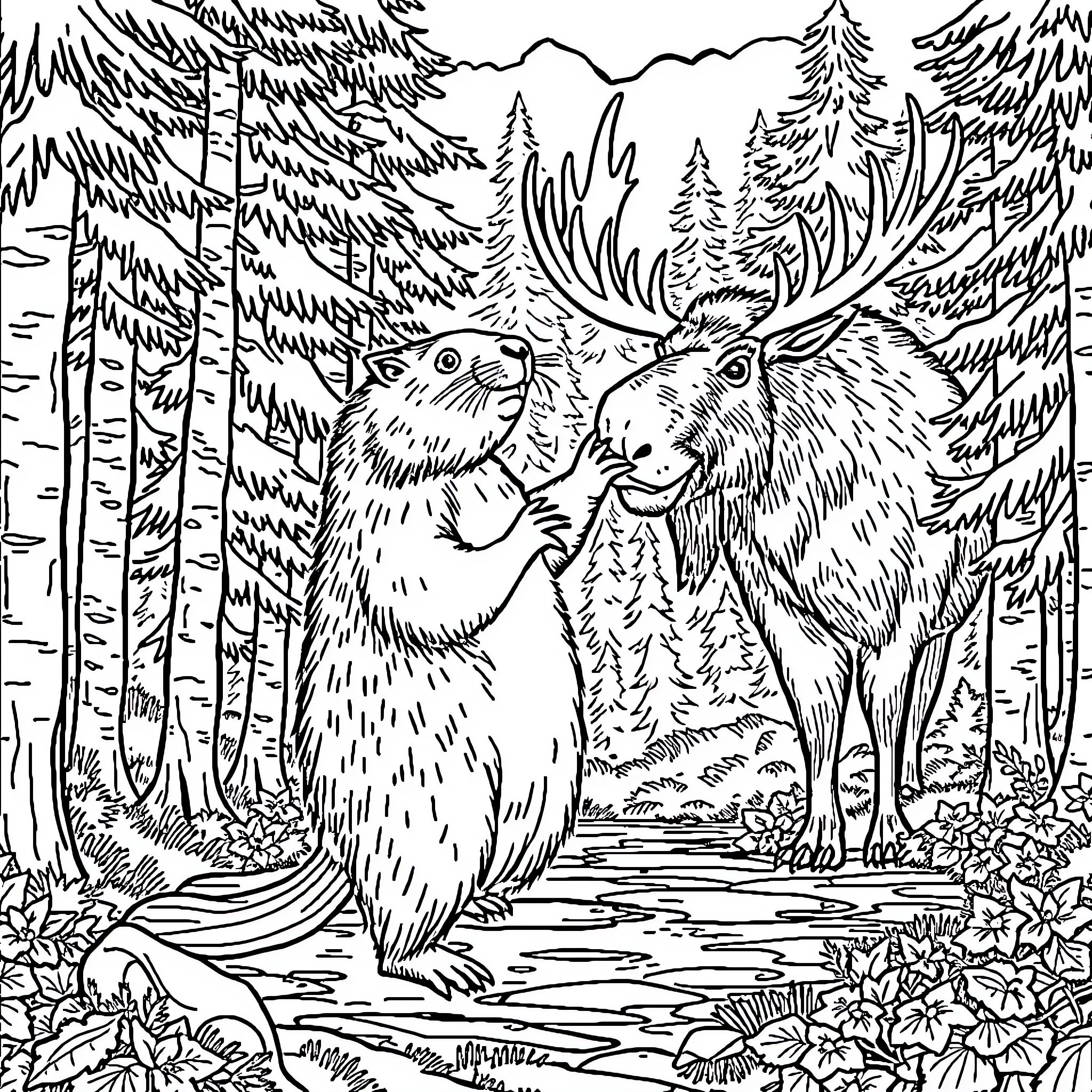 Beaver friends exploring the forest landscape Coloring Page (free black-and-white line drawing printable PDF for all, from beginners to advanced learners, including children, teens, adults, and seniors)