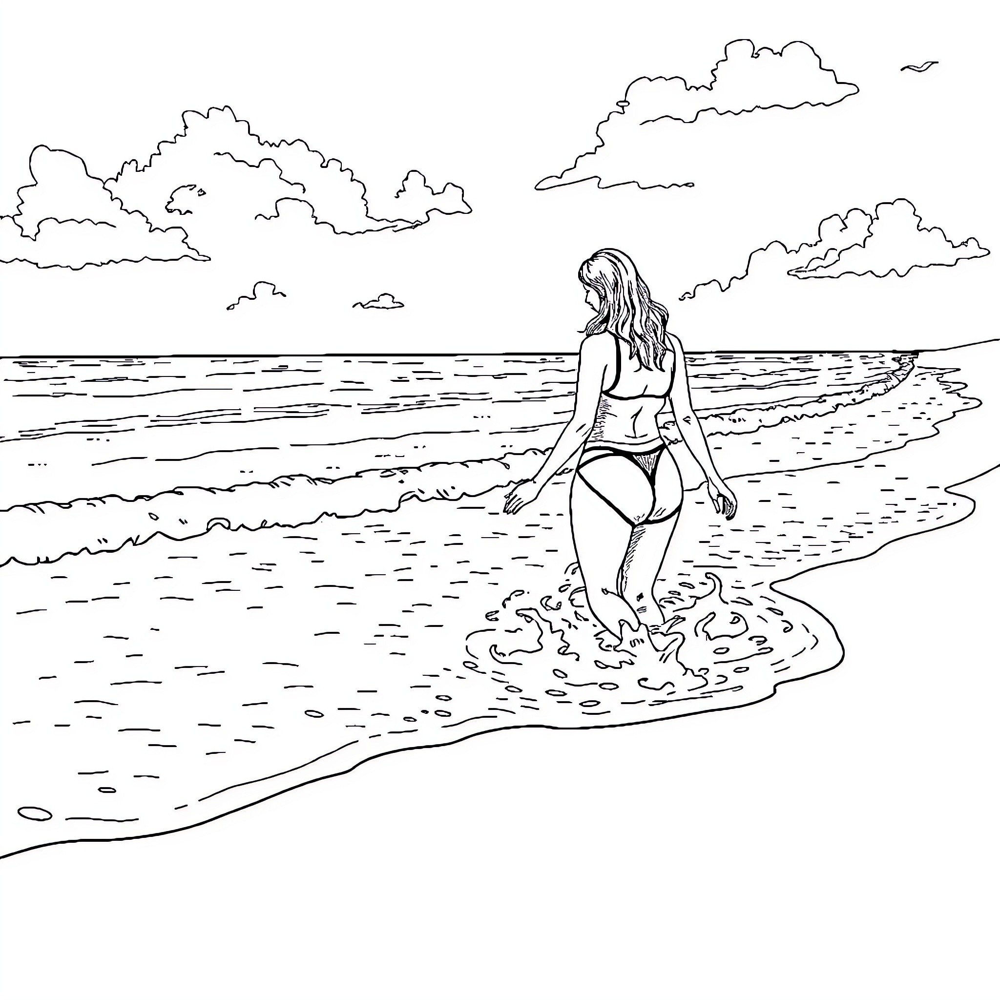 Woman enjoying a day at the beach Coloring Page (free black-and-white line drawing printable PDF for all, from beginners to advanced learners, including children, teens, adults, and seniors)