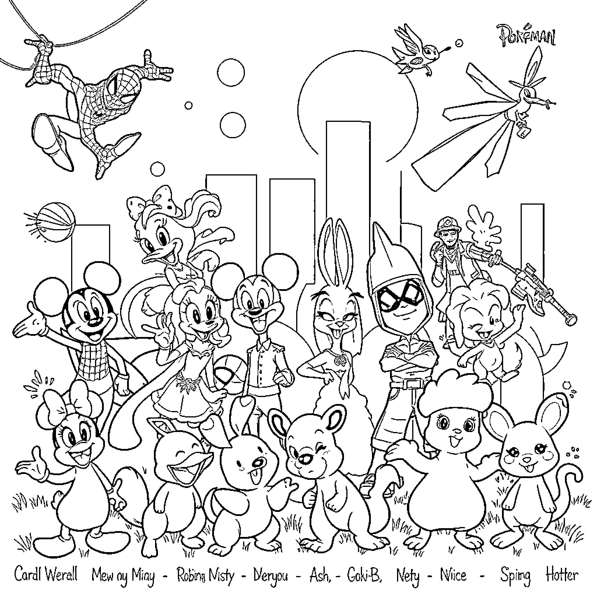 Character Gathering of Cartoon Animals and Figures Coloring Page (free black-and-white line drawing printable PDF for all, from beginners to advanced learners, including children, teens, adults, and seniors)