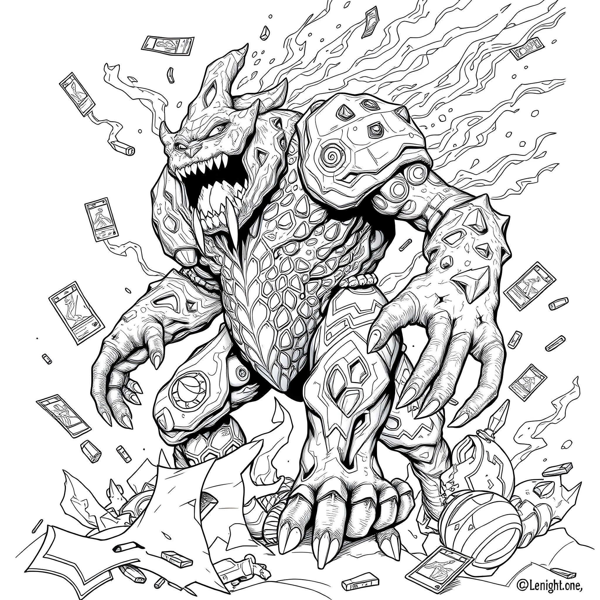 Yugioh Card Featuring Fearsome Creature with Fiery Aura Coloring Page (free black-and-white line drawing printable PDF for all, from beginners to advanced learners, including children, teens, adults, and seniors)