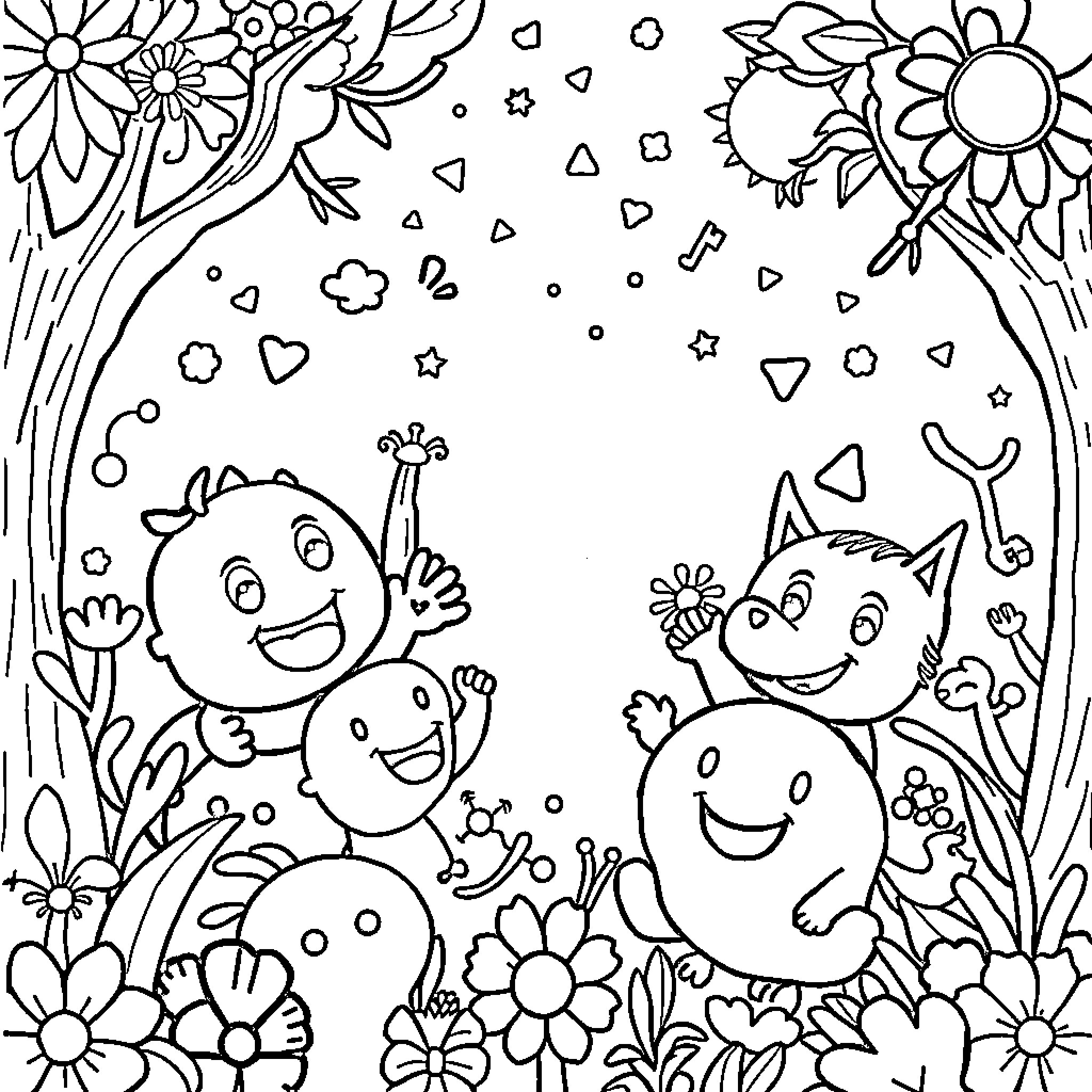 Big Colorful Cartoon Characters in Nature Coloring Page (free black-and-white line drawing printable PDF for all, from beginners to advanced learners, including children, teens, adults, and seniors)