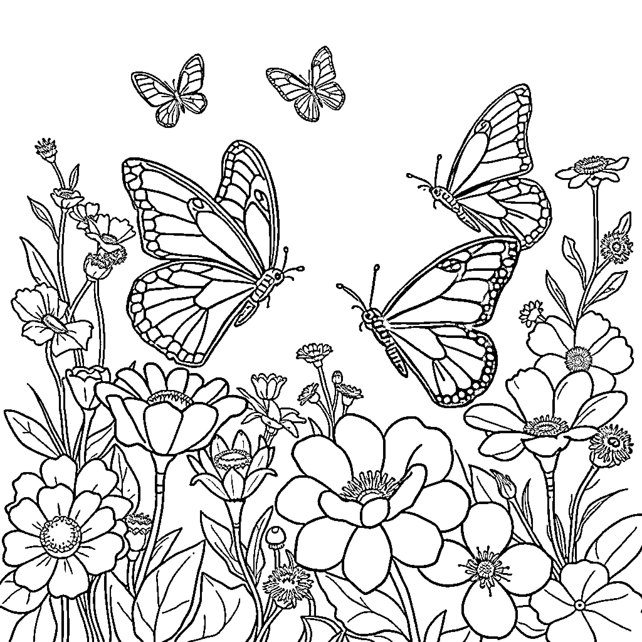 Butterfly Meadow: Whimsical Flutters Among Flowers Coloring Page (free black-and-white line drawing printable PDF for all, from beginners to advanced learners, including children, teens, adults, and seniors)