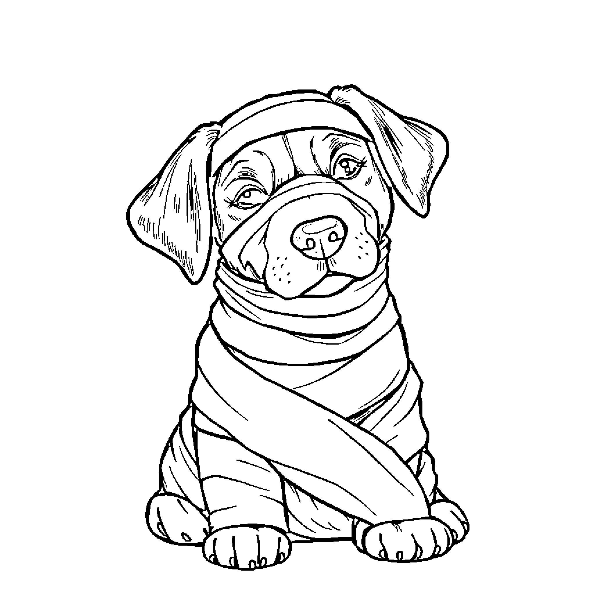Dog wrapped in scarf and looking curious Coloring Page (free black-and-white line drawing printable PDF for all, from beginners to advanced learners, including children, teens, adults, and seniors)