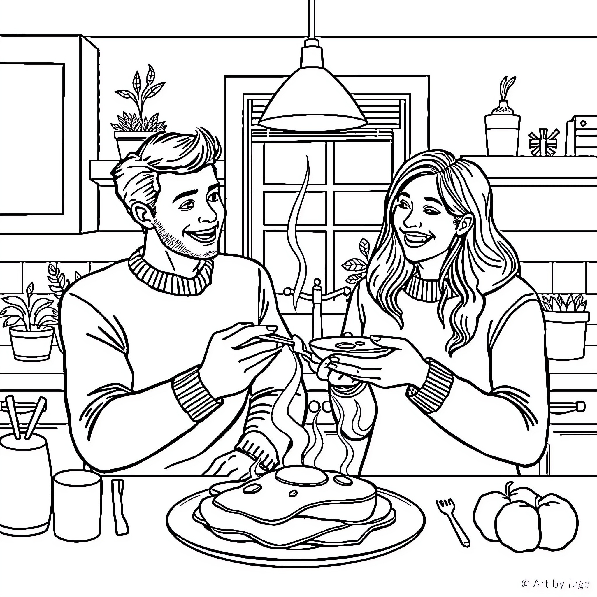 Couple enjoying a cozy meal together Coloring Page (free black-and-white line drawing printable PDF for all, from beginners to advanced learners, including children, teens, adults, and seniors)