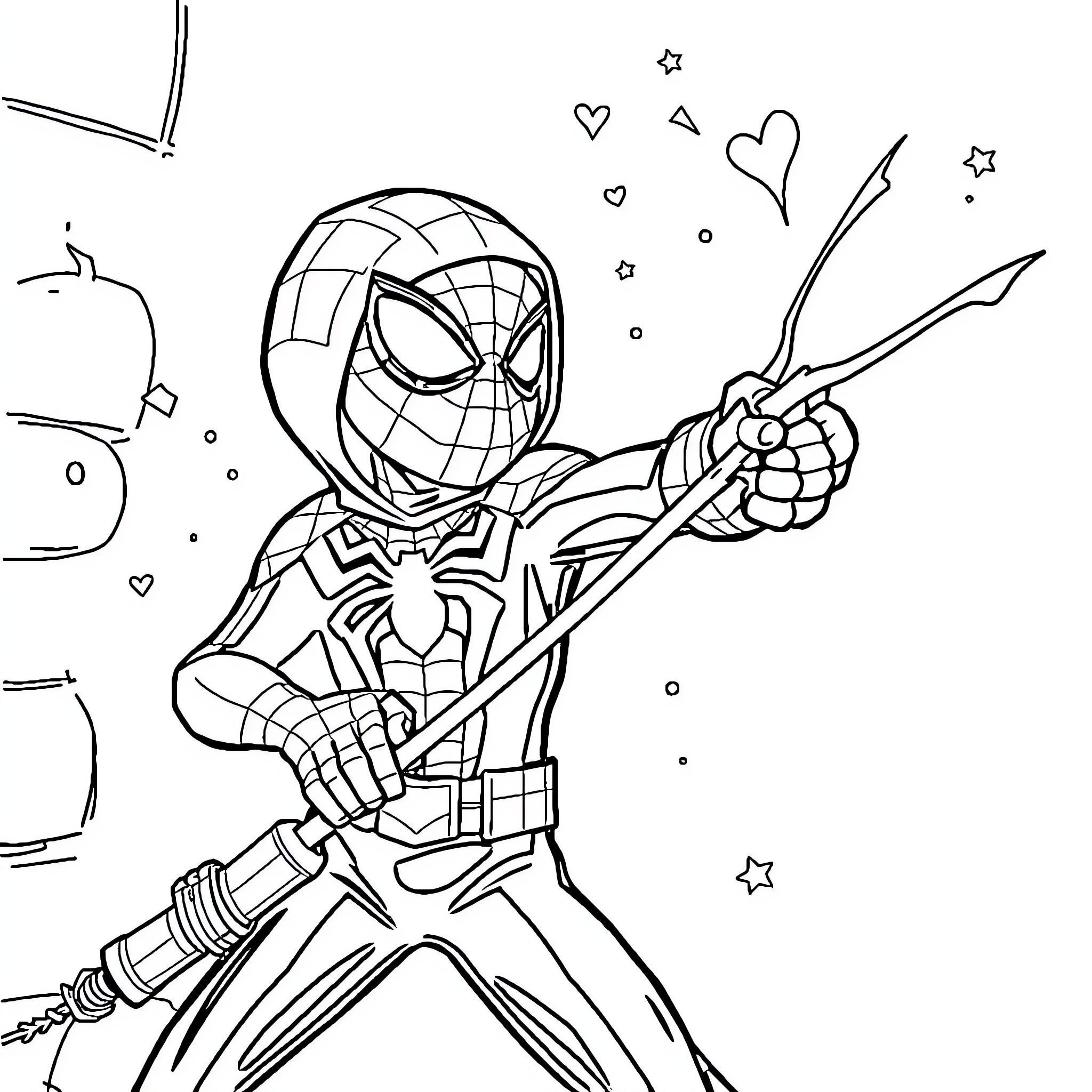 Spidey unleashing heroic moves in action-packed scene Coloring Page (free black-and-white line drawing printable PDF for all, from beginners to advanced learners, including children, teens, adults, and seniors)