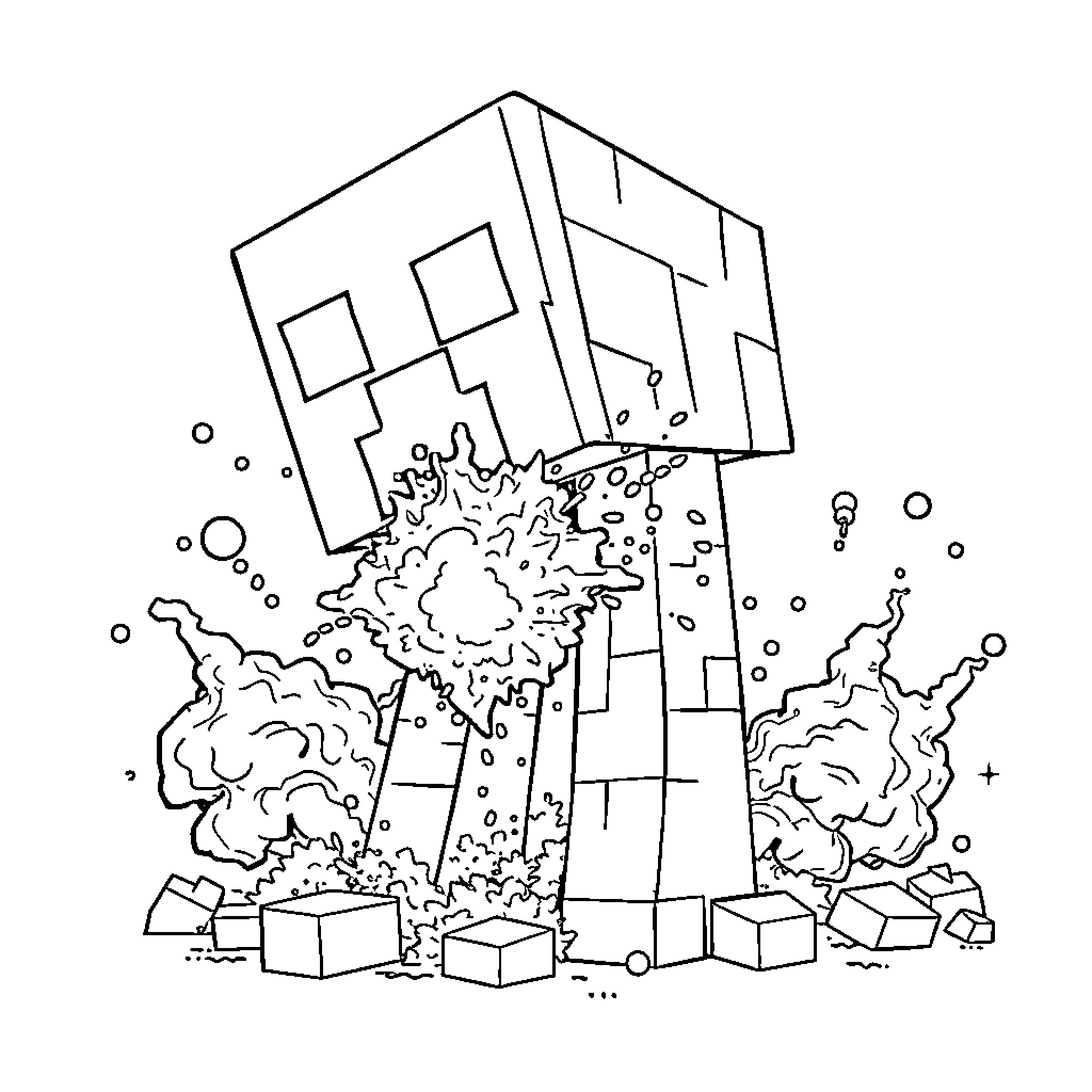 Creeper emerging from explosive blocks in chaos Coloring Page (free black-and-white line drawing printable PDF for all, from beginners to advanced learners, including children, teens, adults, and seniors)