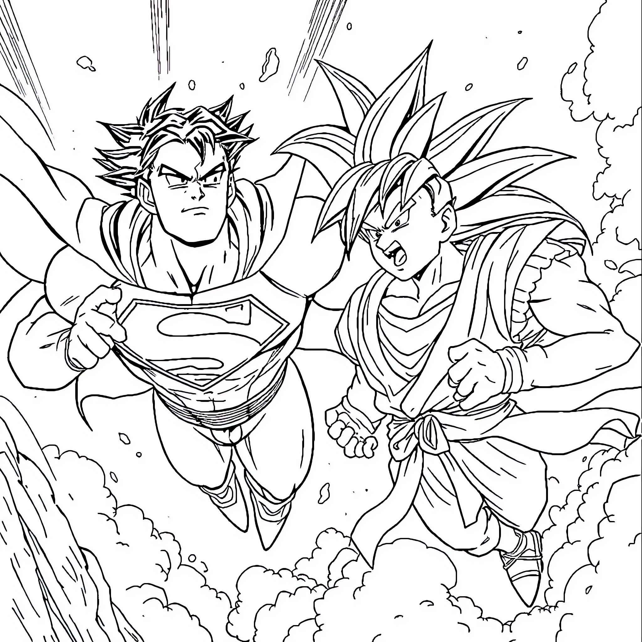 Superman-inspired Heroes Battling in the Clouds Coloring Page (free black-and-white line drawing printable PDF for all, from beginners to advanced learners, including children, teens, adults, and seniors)