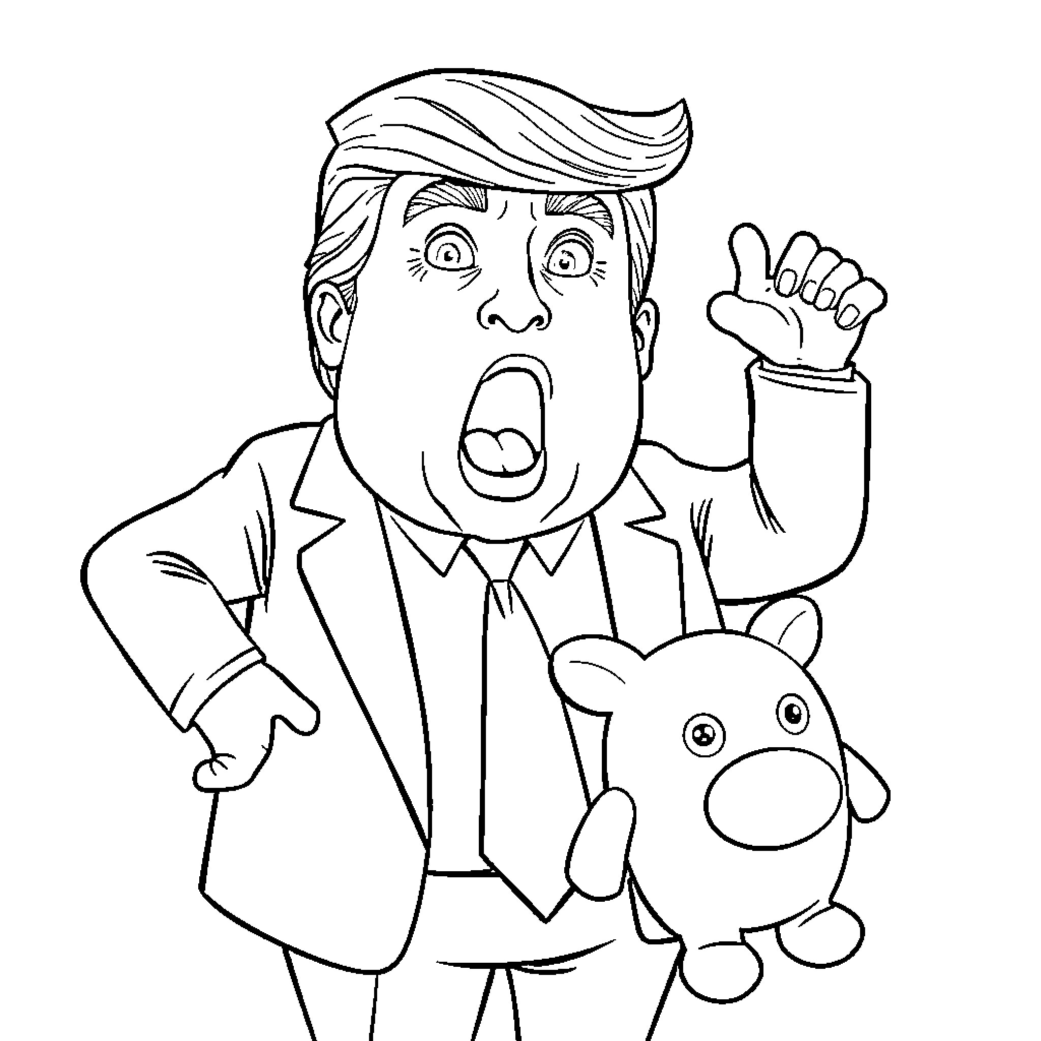 Trump Animated in Comical Surprise with Plush Toy Coloring Page (free black-and-white line drawing printable PDF for all, from beginners to advanced learners, including children, teens, adults, and seniors)