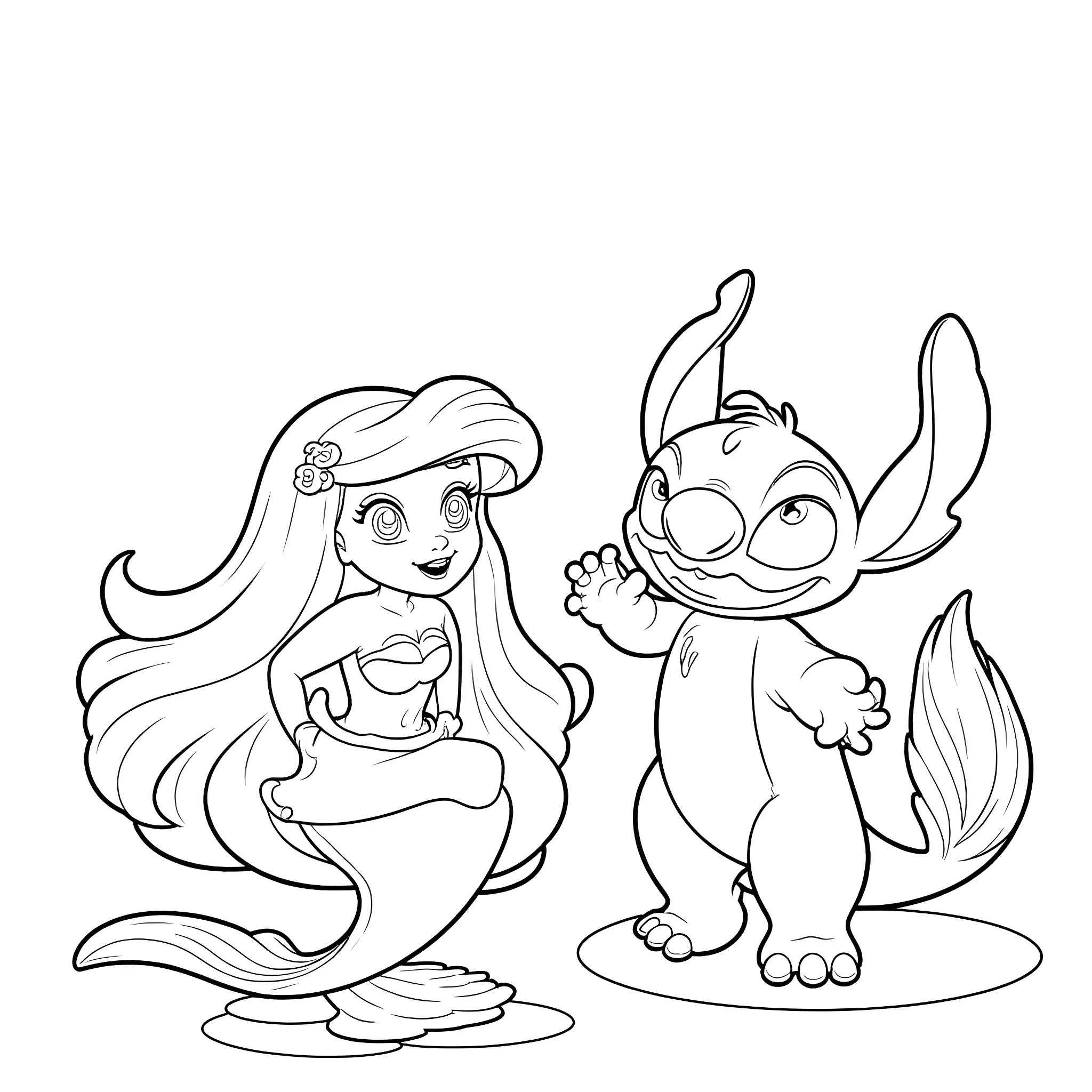 Stitch and mermaid enjoying a cheerful moment Coloring Page (free black-and-white line drawing printable PDF for all, from beginners to advanced learners, including children, teens, adults, and seniors)