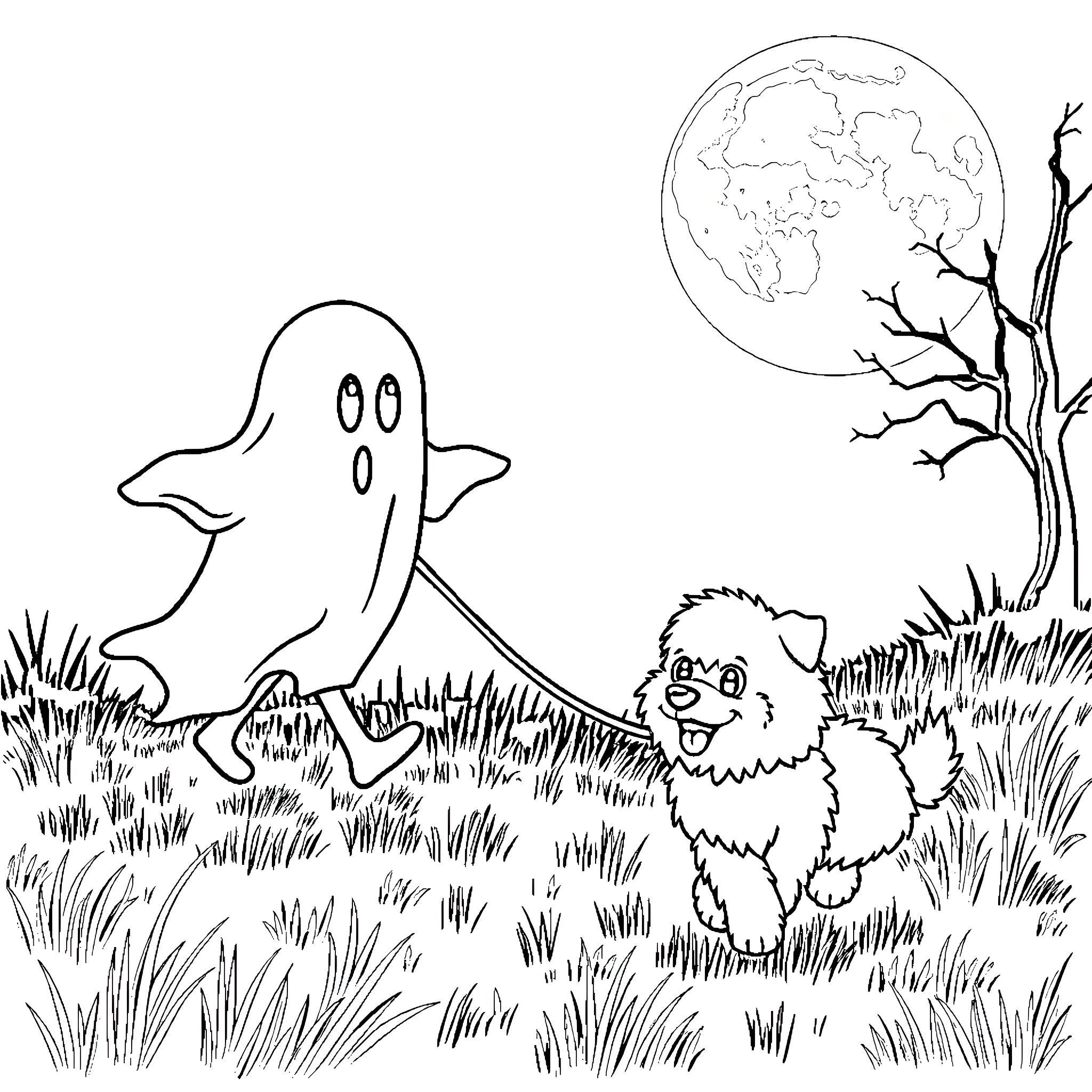 Ghost playing with dog under the moonlight Coloring Page (free black-and-white line drawing printable PDF for all, from beginners to advanced learners, including children, teens, adults, and seniors)