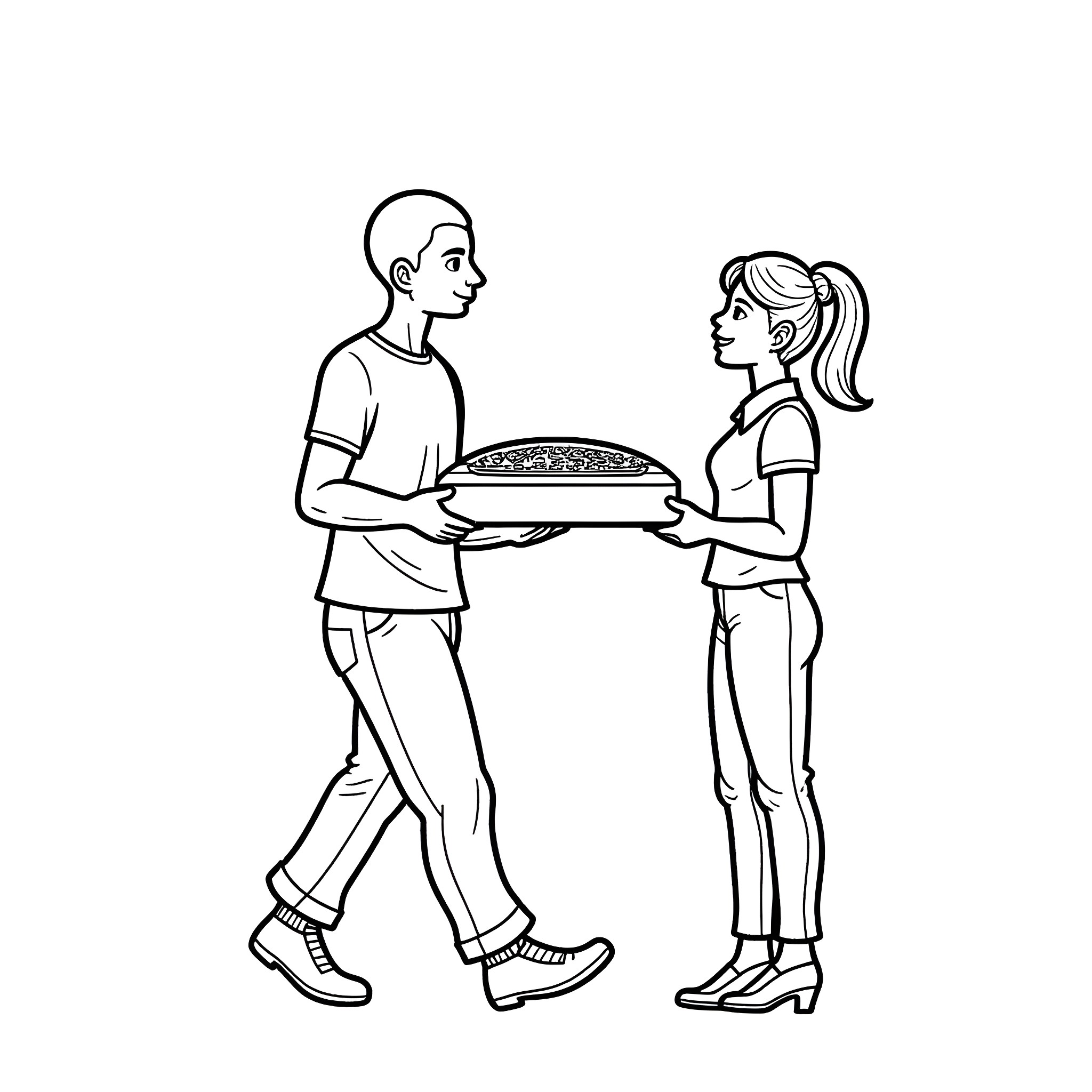 Man delivering pizza to woman Coloring Page (free black-and-white line drawing printable PDF for all, from beginners to advanced learners, including children, teens, adults, and seniors)