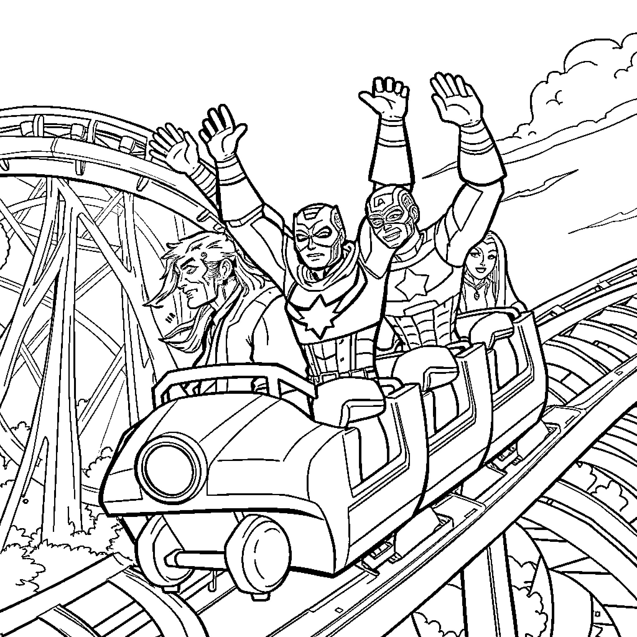 Avengers ride roller coaster with excitement Coloring Page (free black-and-white line drawing printable PDF for all, from beginners to advanced learners, including children, teens, adults, and seniors)
