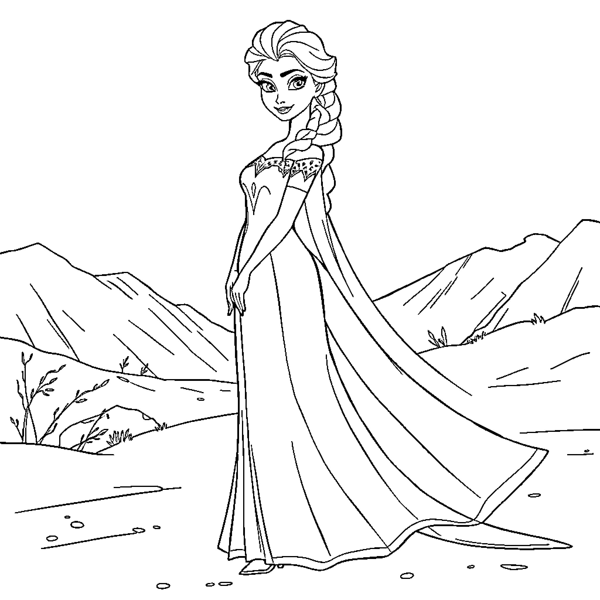 Elsa admiring the winter wonderland in her elegant dress Coloring Page (free black-and-white line drawing printable PDF for all, from beginners to advanced learners, including children, teens, adults, and seniors)