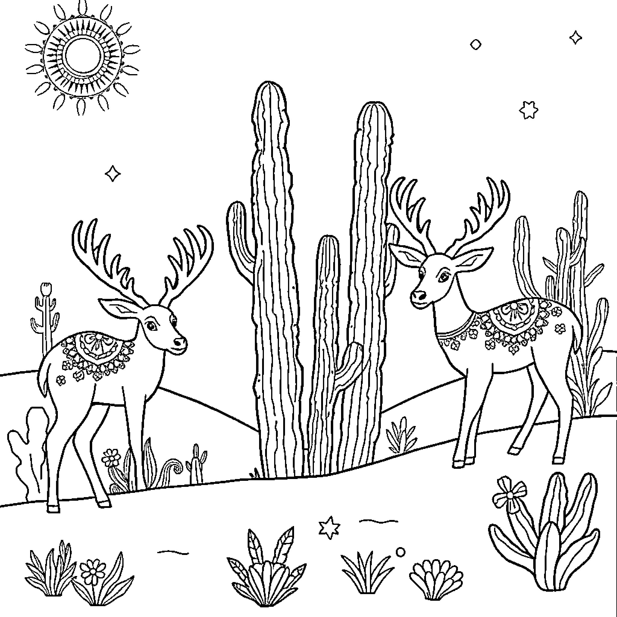 Mandala of Whimsical Desert Animals and Cacti Coloring Page (free black-and-white line drawing printable PDF for all, from beginners to advanced learners, including children, teens, adults, and seniors)