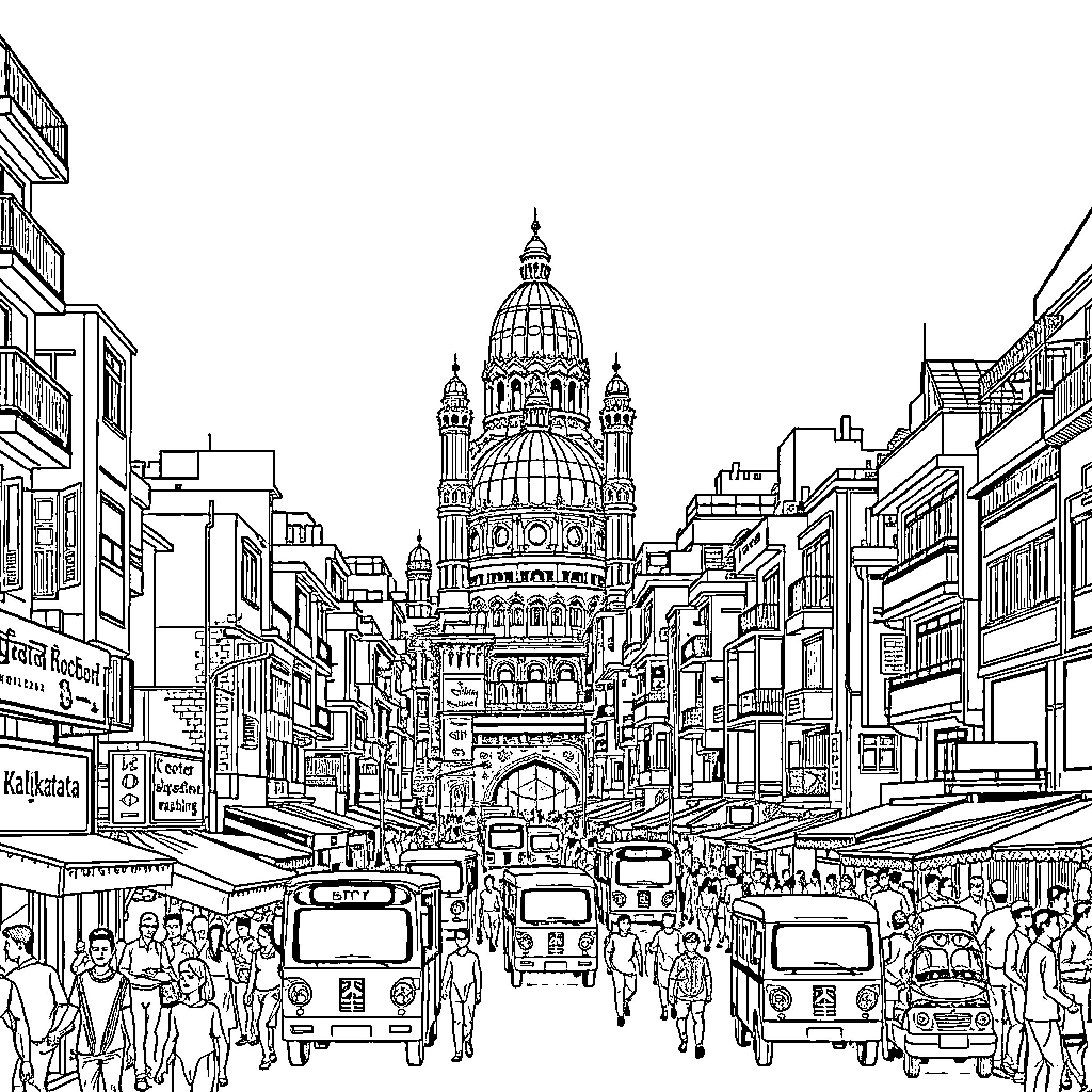 Kolkata: Bustling street scene with iconic architecture Coloring Page (free black-and-white line drawing printable PDF for all, from beginners to advanced learners, including children, teens, adults, and seniors)