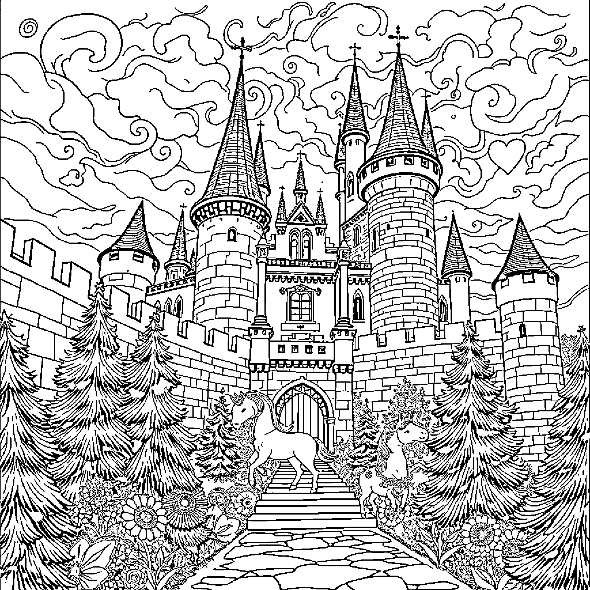 Unicorn Fantasy Castle with Magical Creatures Coloring Page (free black-and-white line drawing printable PDF for all, from beginners to advanced learners, including children, teens, adults, and seniors)