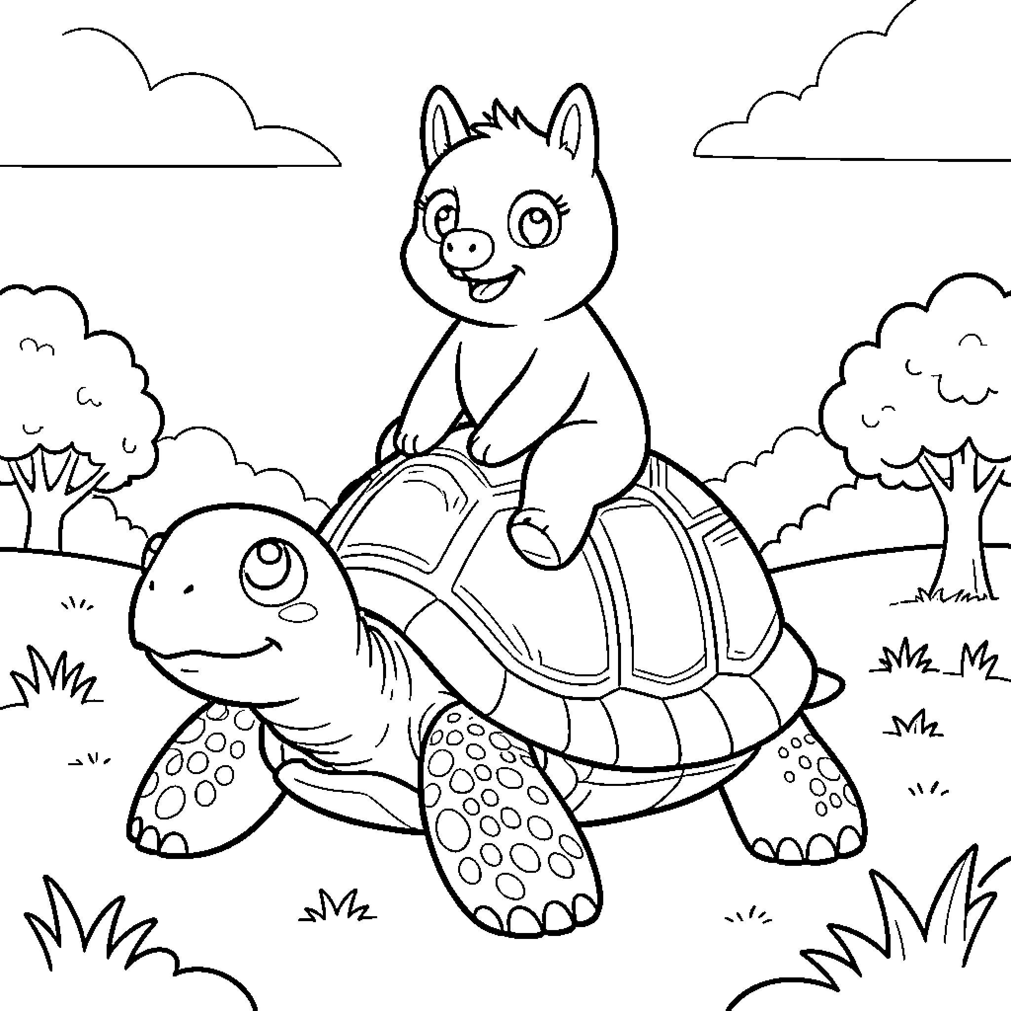 Bluey character sitting happily on a large turtle Coloring Page (free black-and-white line drawing printable PDF for all, from beginners to advanced learners, including children, teens, adults, and seniors)