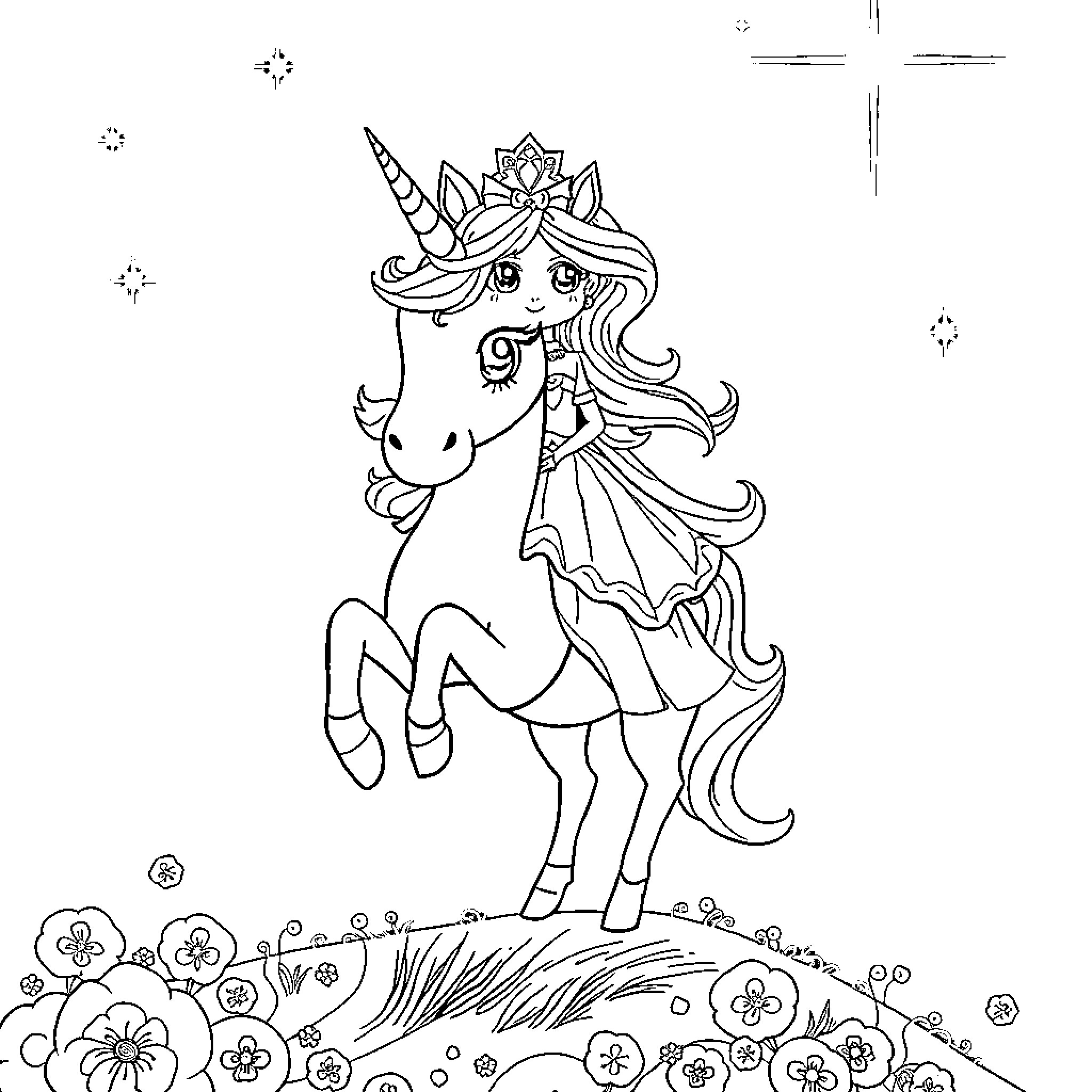 Princess Unicorn in Whimsical Meadow Coloring Page (free black-and-white line drawing printable PDF for all, from beginners to advanced learners, including children, teens, adults, and seniors)
