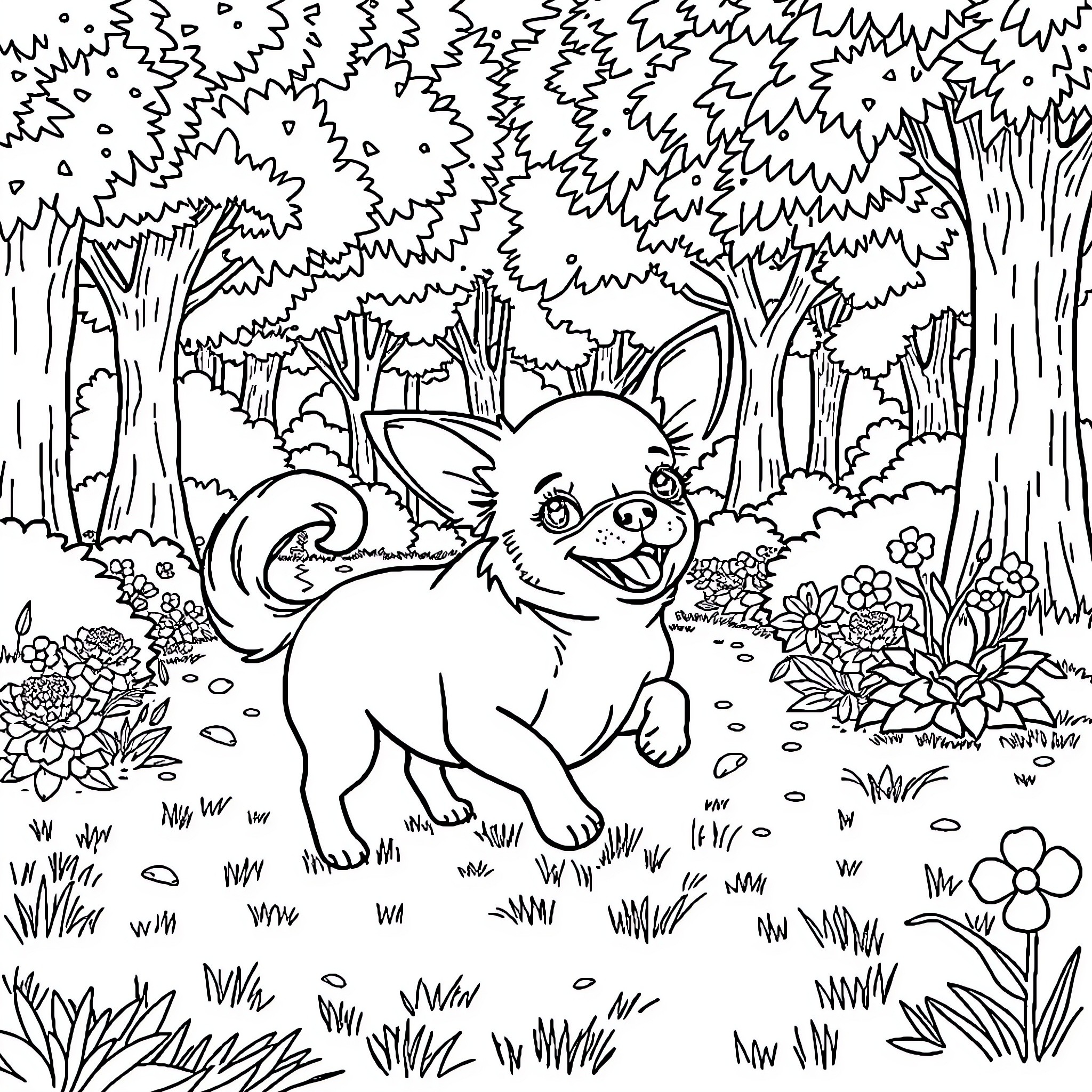 Chihuahua playfully exploring a lush forest scene Coloring Page (free black-and-white line drawing printable PDF for all, from beginners to advanced learners, including children, teens, adults, and seniors)