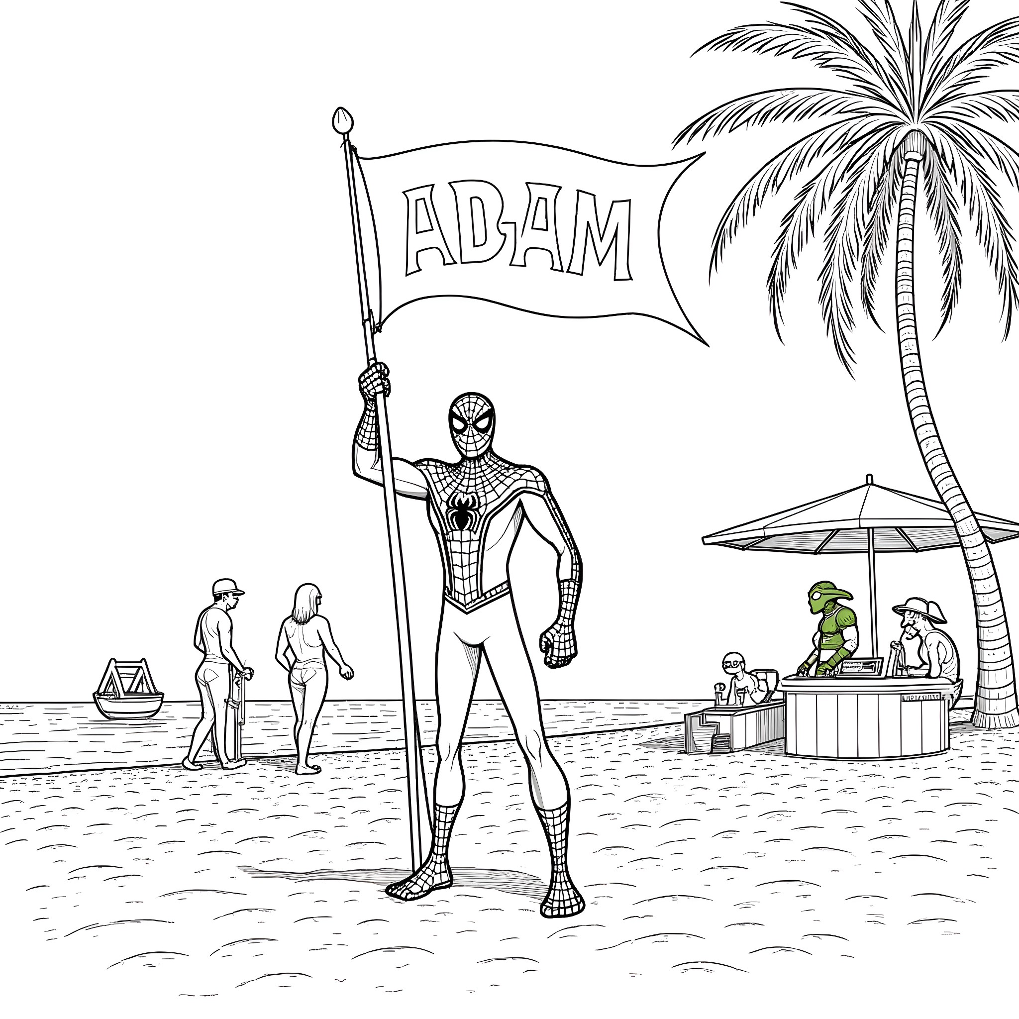Spiderman relaxing on the beach with a banner Coloring Page (free black-and-white line drawing printable PDF for all, from beginners to advanced learners, including children, teens, adults, and seniors)