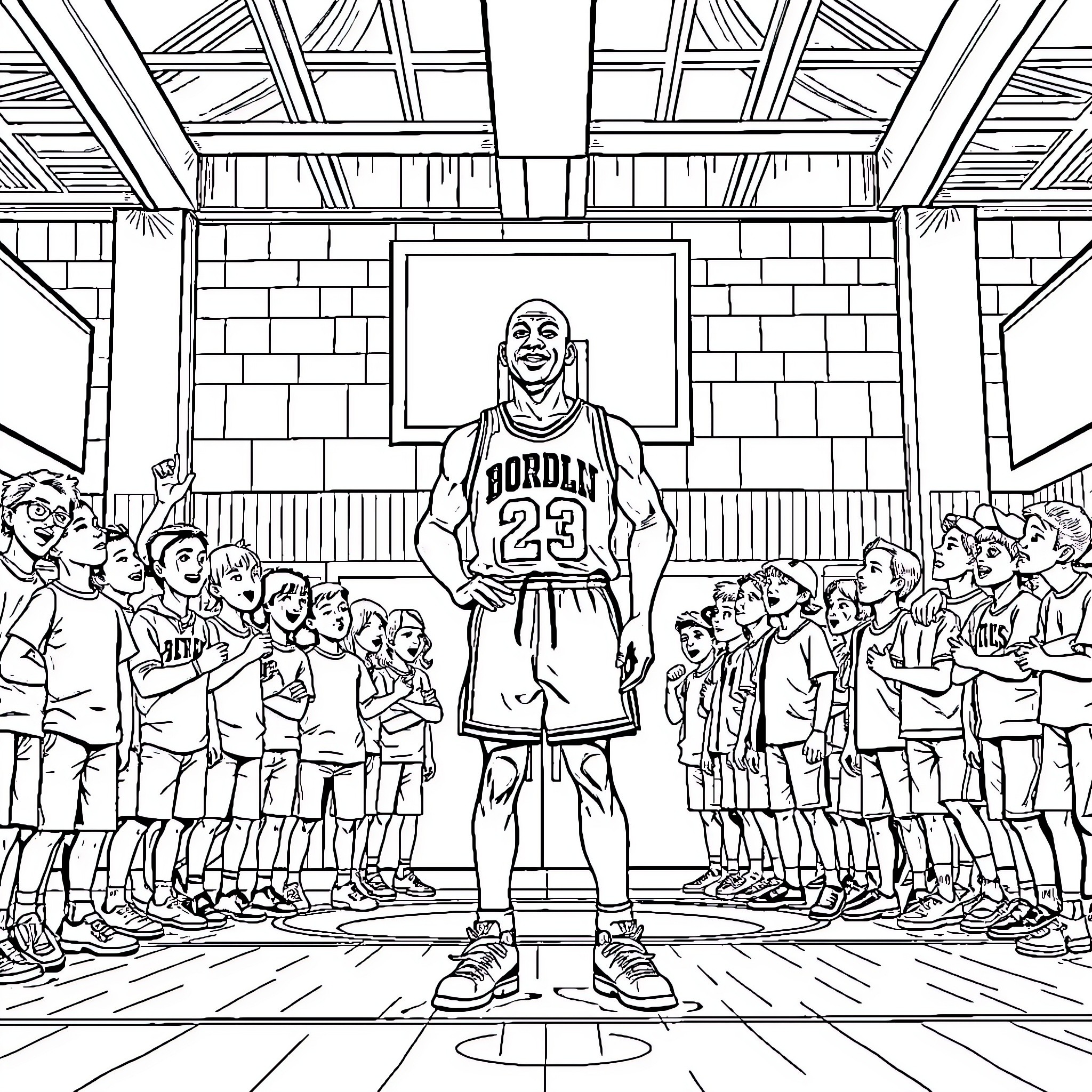 Michael Jordan leading a basketball team on the court Coloring Page (free black-and-white line drawing printable PDF for all, from beginners to advanced learners, including children, teens, adults, and seniors)