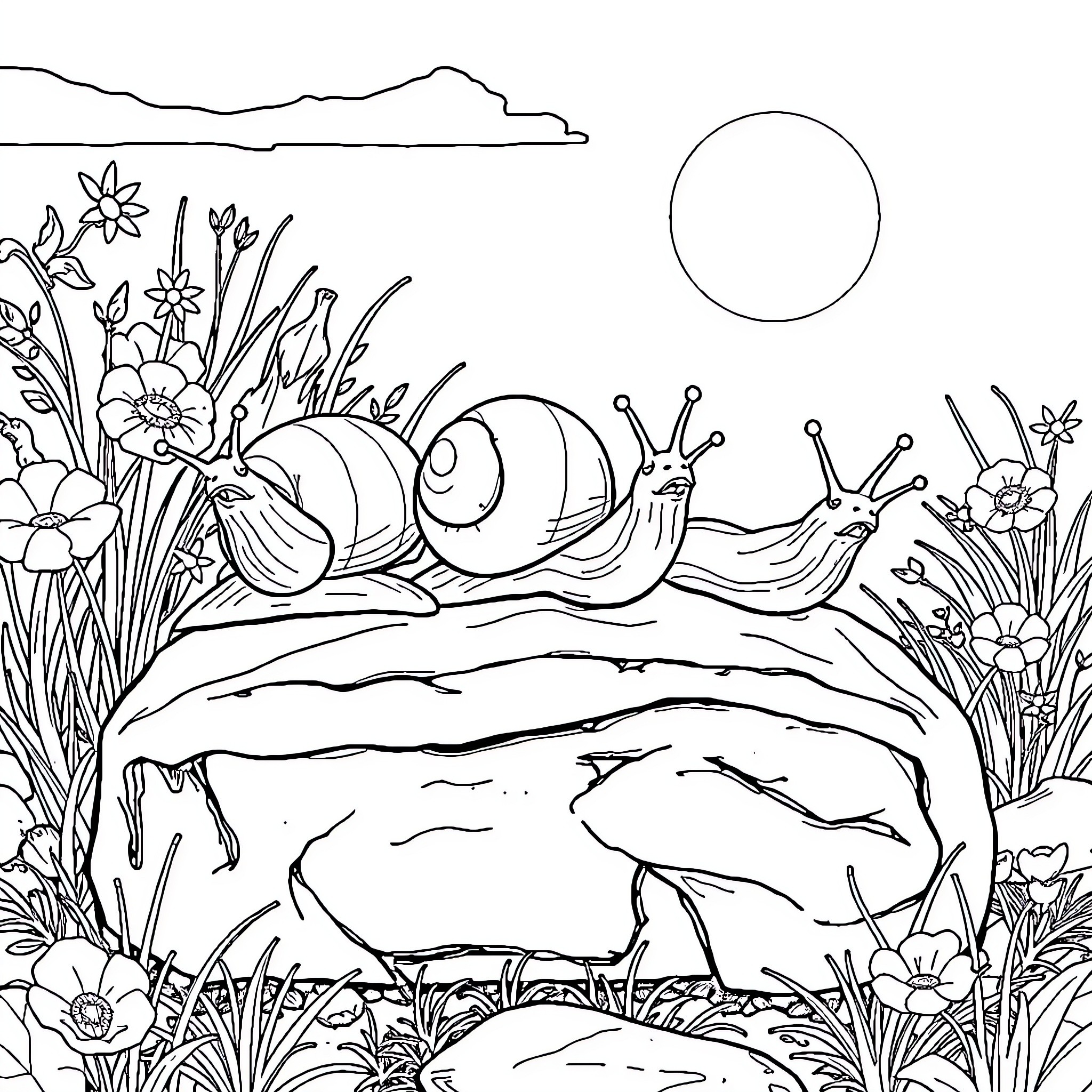 Slug slithering in a floral garden Coloring Page (free black-and-white line drawing printable PDF for all, from beginners to advanced learners, including children, teens, adults, and seniors)