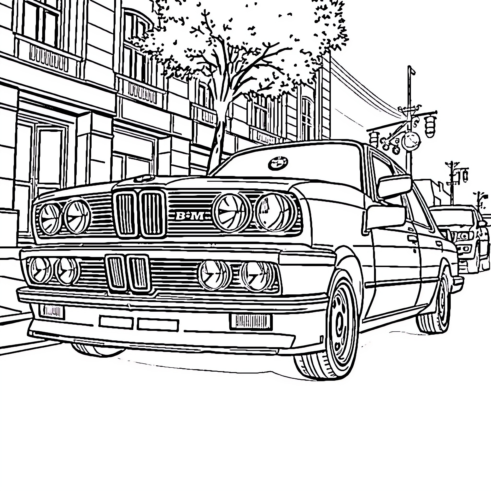 BMW vintage car on urban street Coloring Page (free black-and-white line drawing printable PDF for all, from beginners to advanced learners, including children, teens, adults, and seniors)