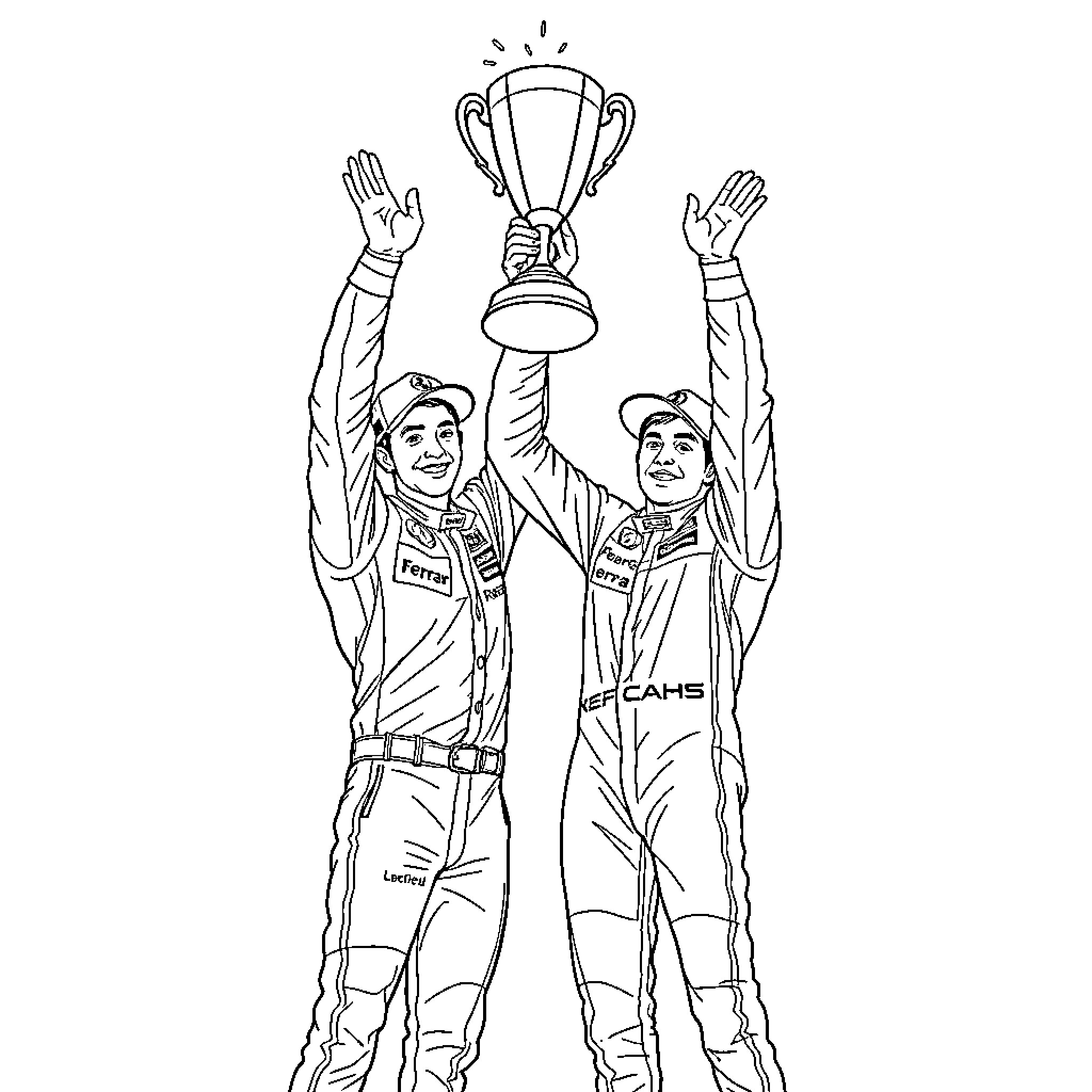 Ferrari drivers celebrating with trophy Coloring Page (free black-and-white line drawing printable PDF for all, from beginners to advanced learners, including children, teens, adults, and seniors)