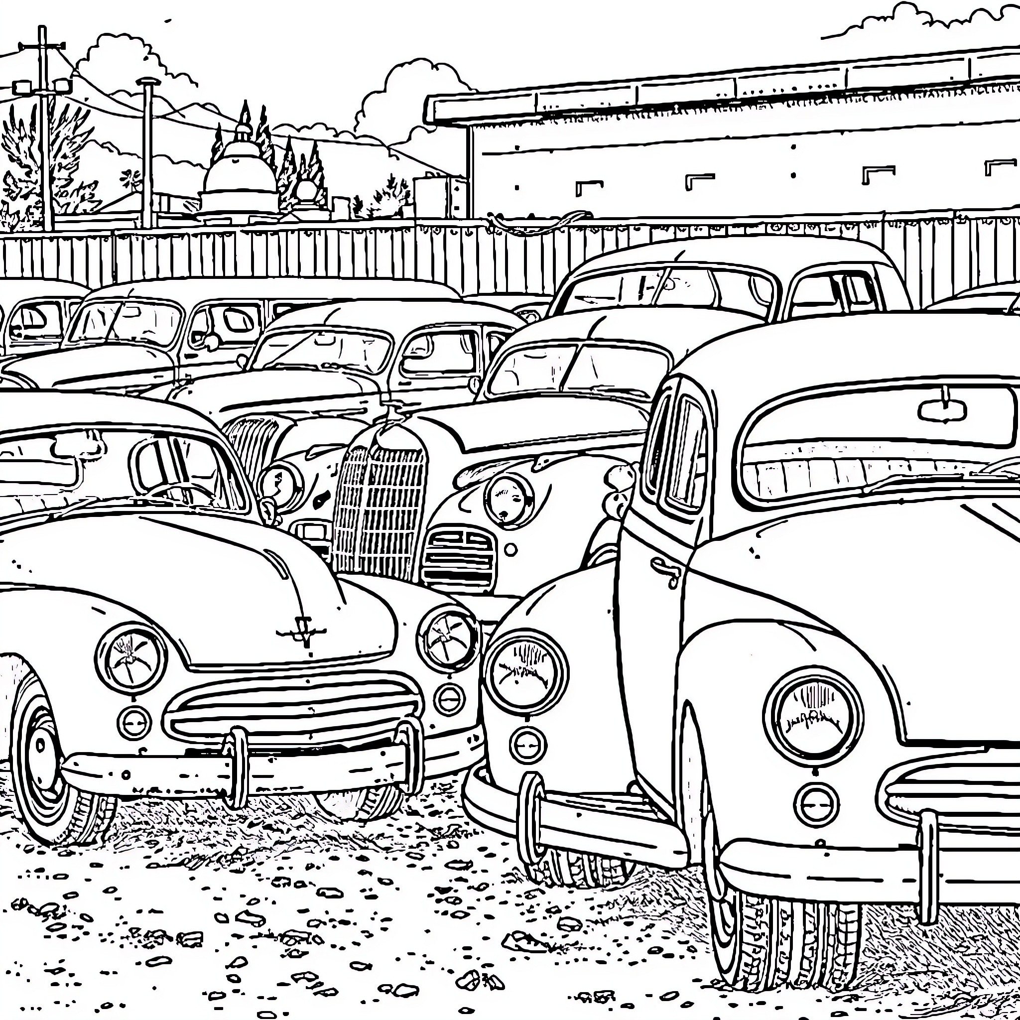 Car Junkyard Filled with Vintage Automobiles Coloring Page (free black-and-white line drawing printable PDF for all, from beginners to advanced learners, including children, teens, adults, and seniors)