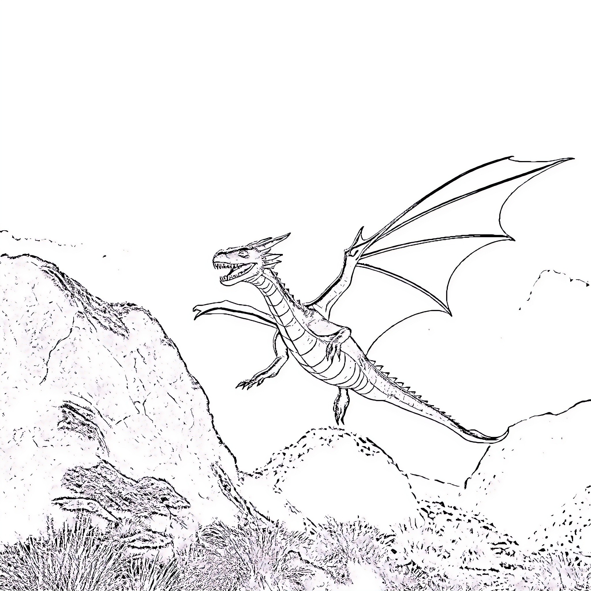 Dragon soaring above rugged mountain landscape Coloring Page (free black-and-white line drawing printable PDF for all, from beginners to advanced learners, including children, teens, adults, and seniors)