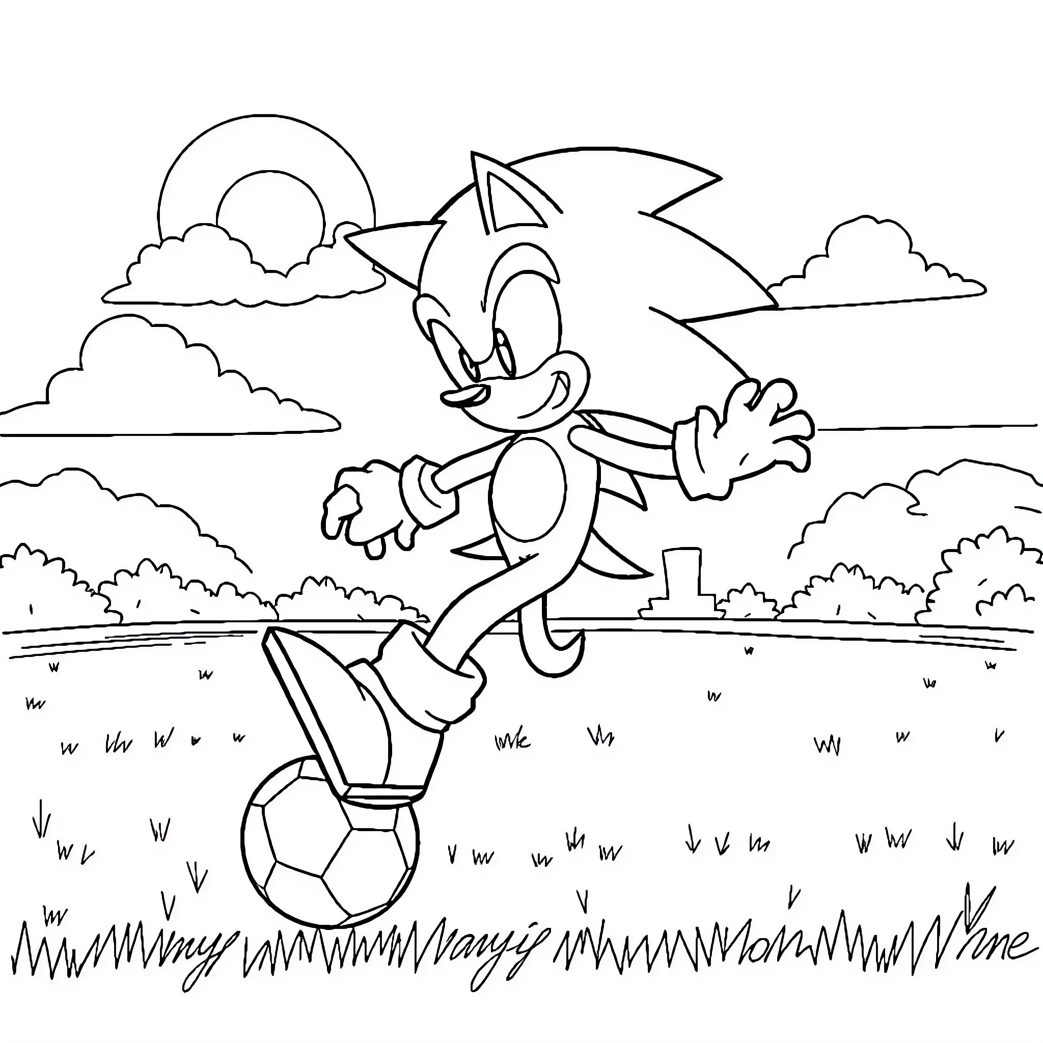 Sonic Dashing Playfully on a Soccer Ball Coloring Page (free black-and-white line drawing printable PDF for all, from beginners to advanced learners, including children, teens, adults, and seniors)