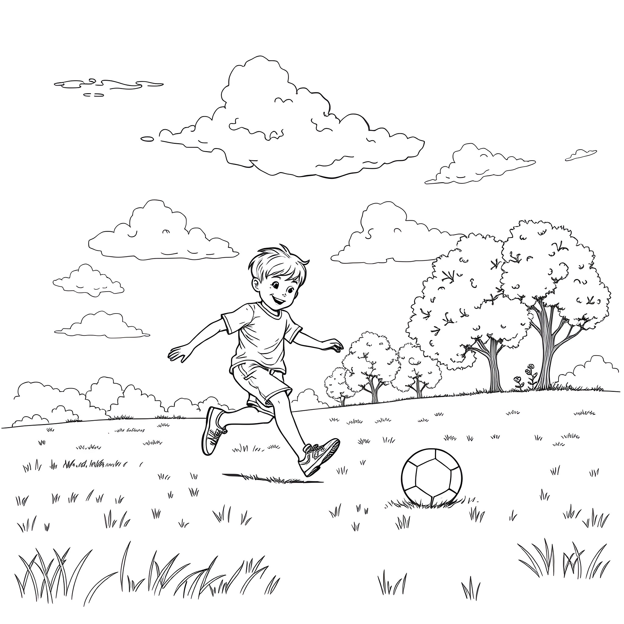 Boy running joyfully with soccer ball in outdoor park Coloring Page (free black-and-white line drawing printable PDF for all, from beginners to advanced learners, including children, teens, adults, and seniors)