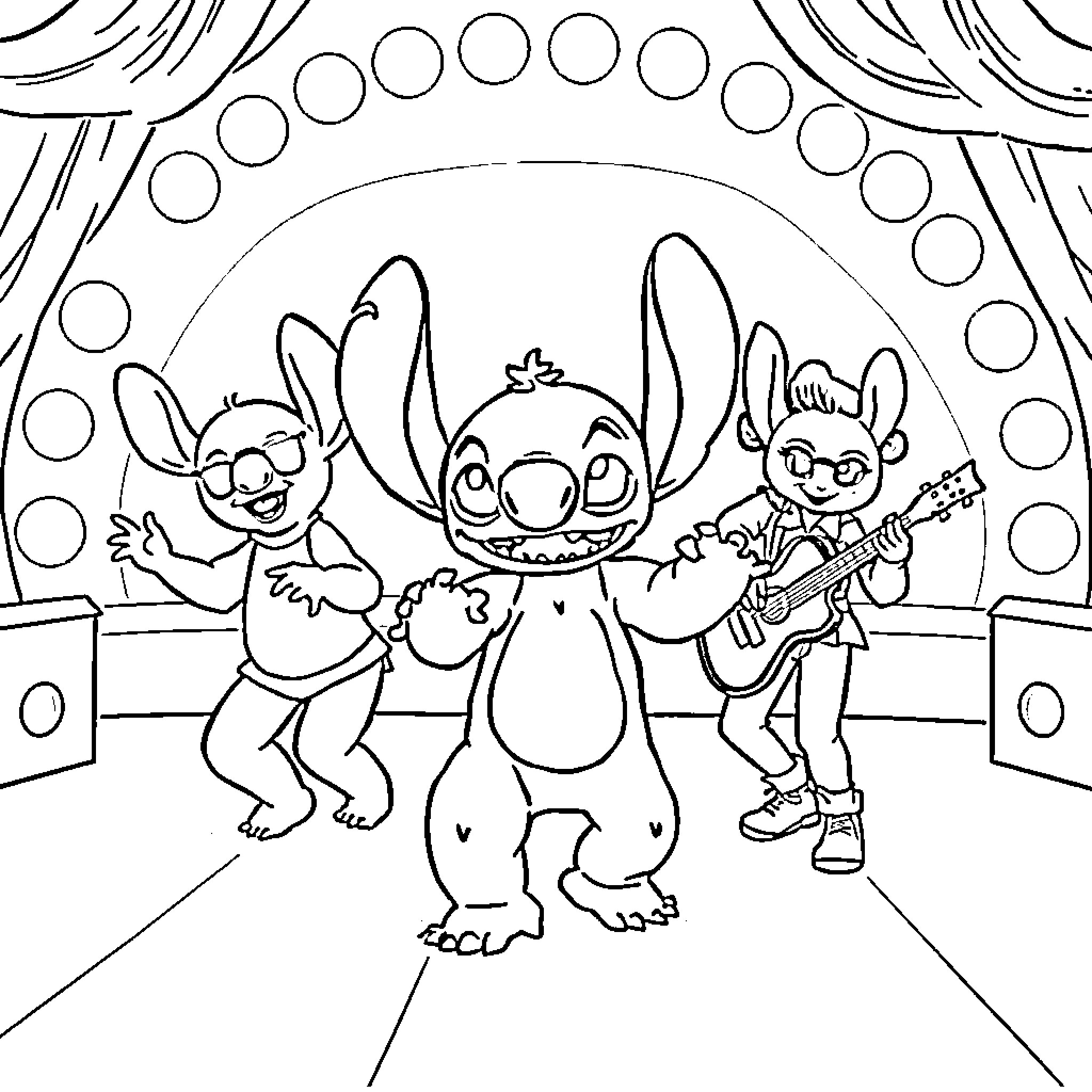 Stitch and friends performing on stage Coloring Page (free black-and-white line drawing printable PDF for all, from beginners to advanced learners, including children, teens, adults, and seniors)