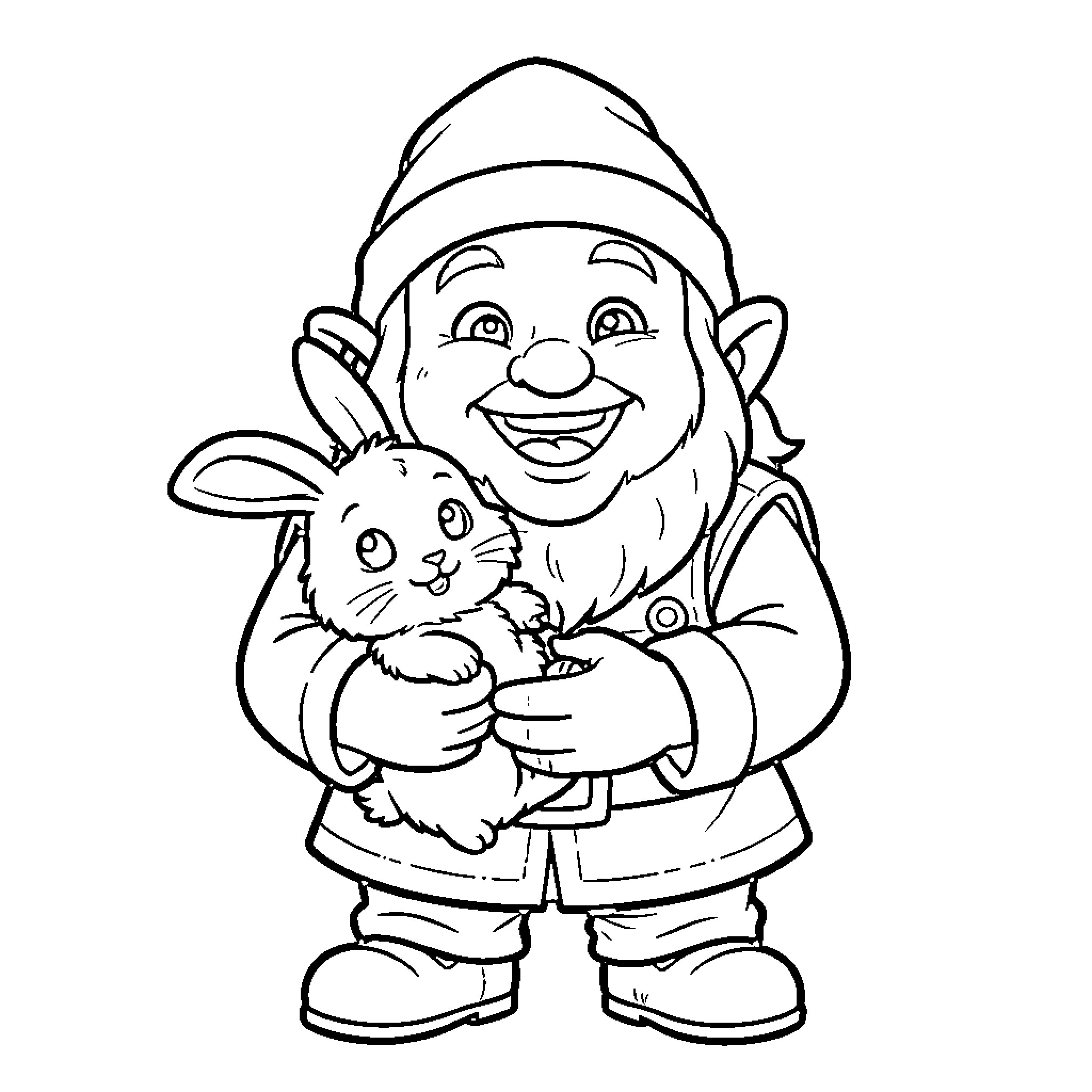 Dwarf joyfully holding a rabbit Coloring Page (free black-and-white line drawing printable PDF for all, from beginners to advanced learners, including children, teens, adults, and seniors)