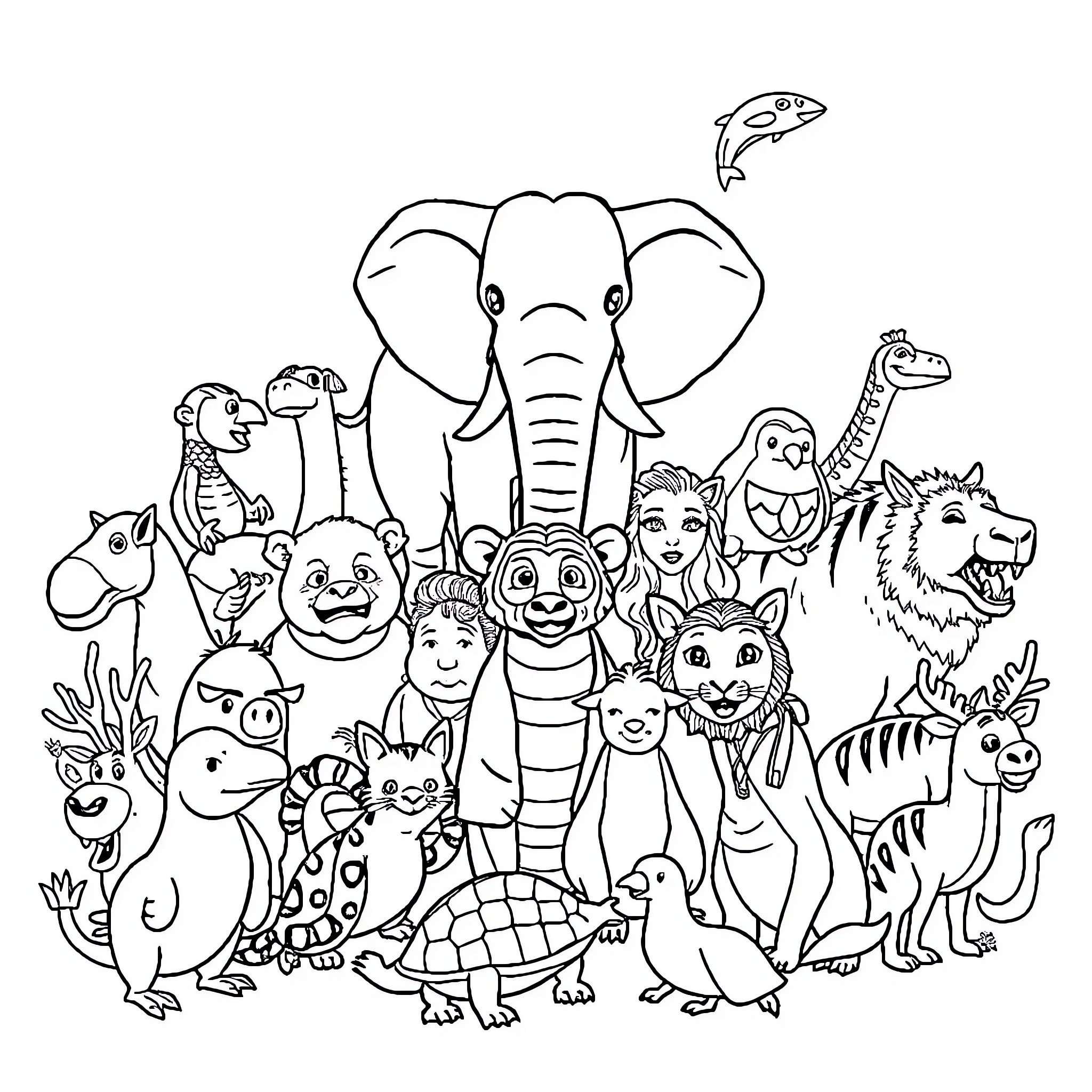 Animal characters gathered in a group Coloring Page (free black-and-white line drawing printable PDF for all, from beginners to advanced learners, including children, teens, adults, and seniors)