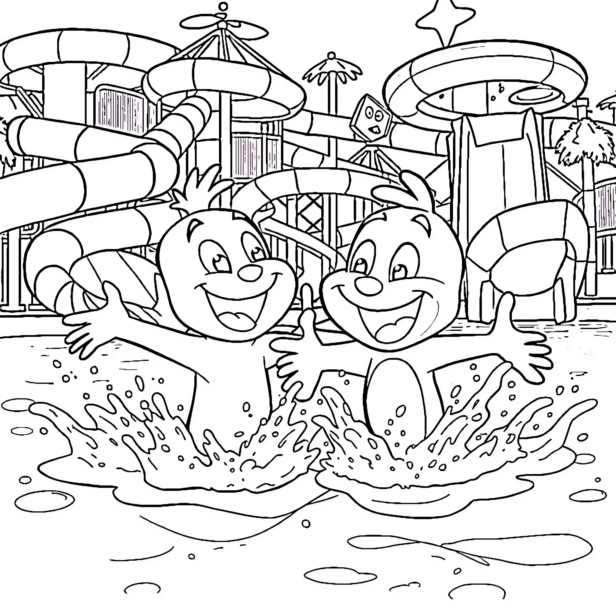 Bluey's Exciting Water Park Adventure Coloring Page (free black-and-white line drawing printable PDF for all, from beginners to advanced learners, including children, teens, adults, and seniors)