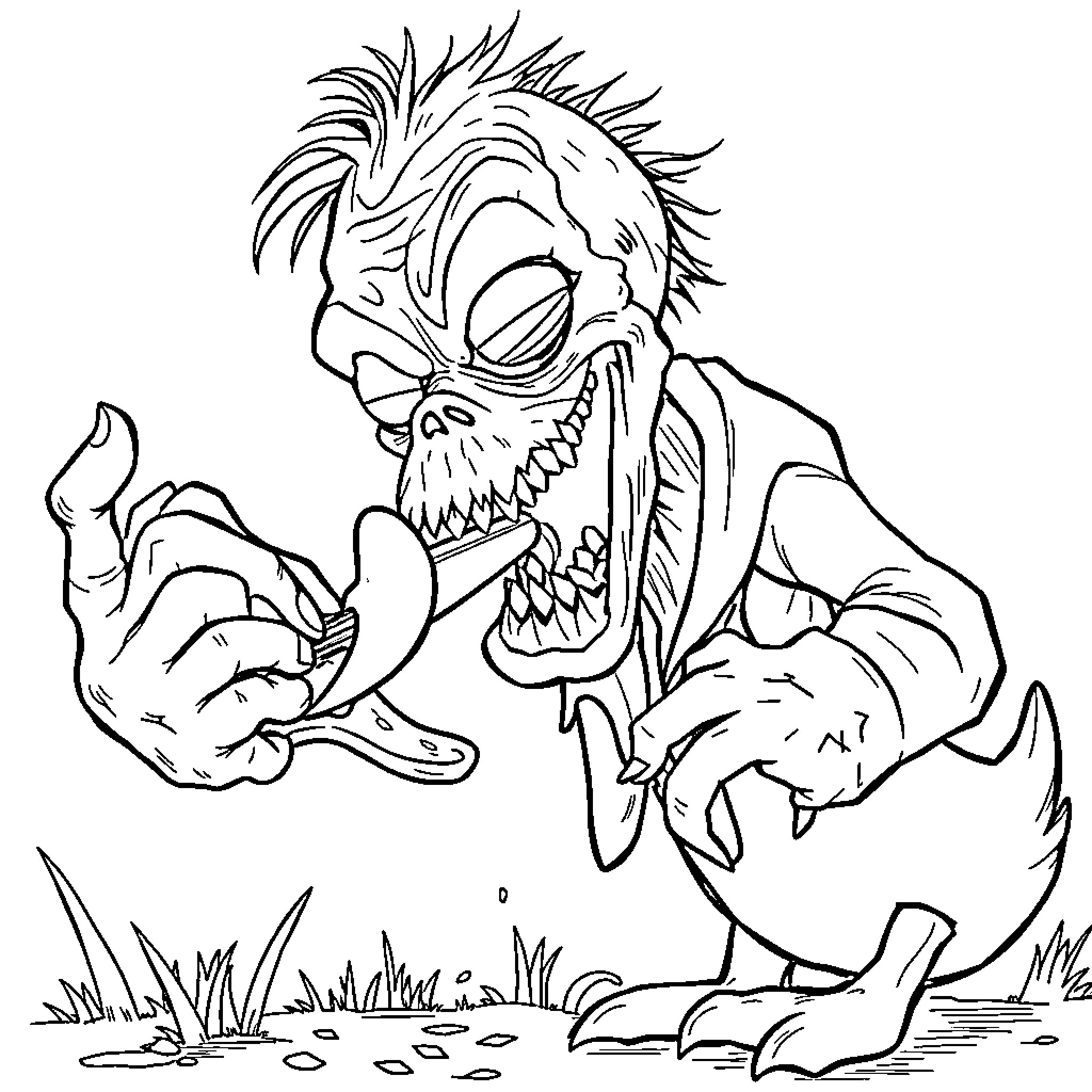 Zombie Chicken Attacking Rat in Field Coloring Page (free black-and-white line drawing printable PDF for all, from beginners to advanced learners, including children, teens, adults, and seniors)
