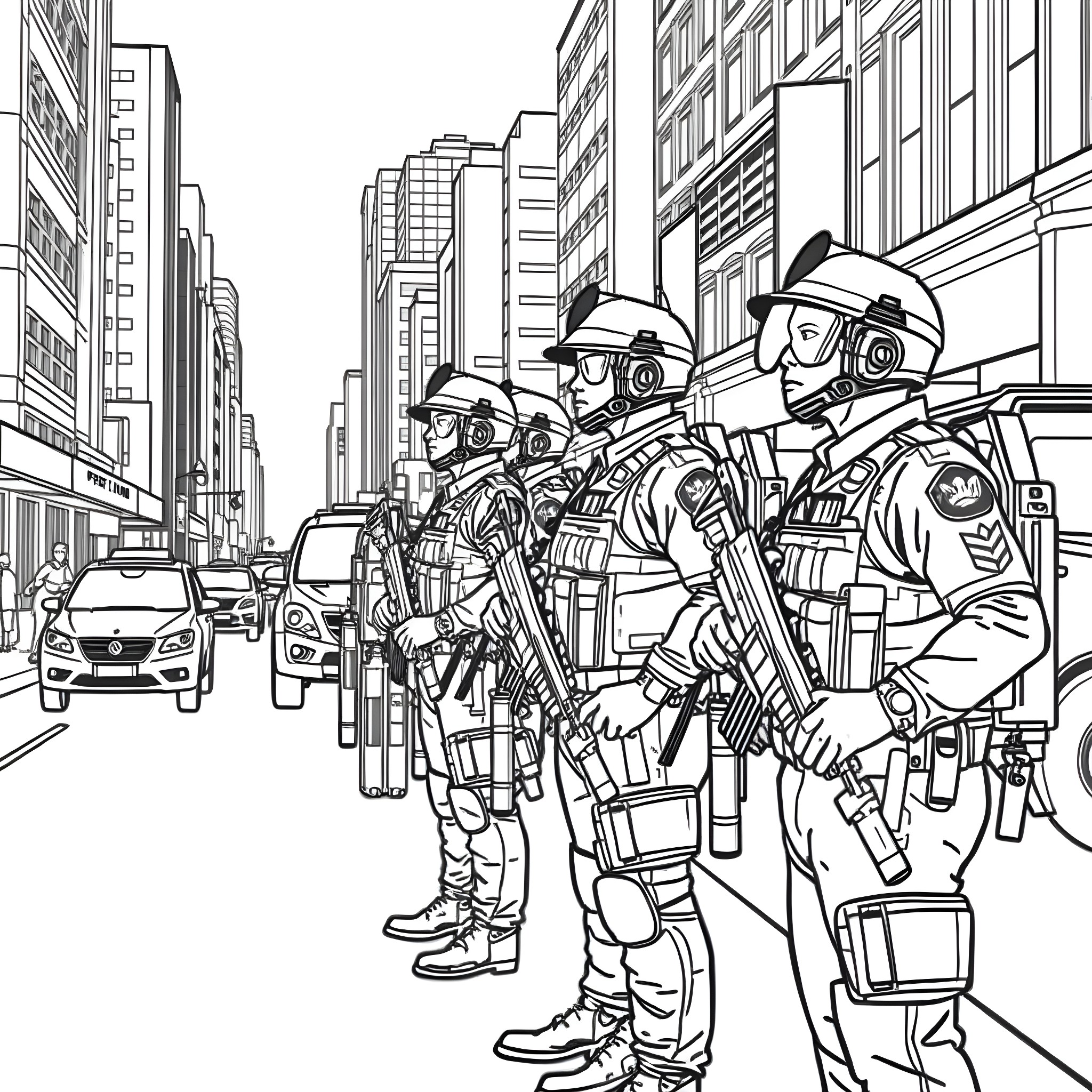 Police Officers Equipped in Urban Setting Coloring Page (free black-and-white line drawing printable PDF for all, from beginners to advanced learners, including children, teens, adults, and seniors)