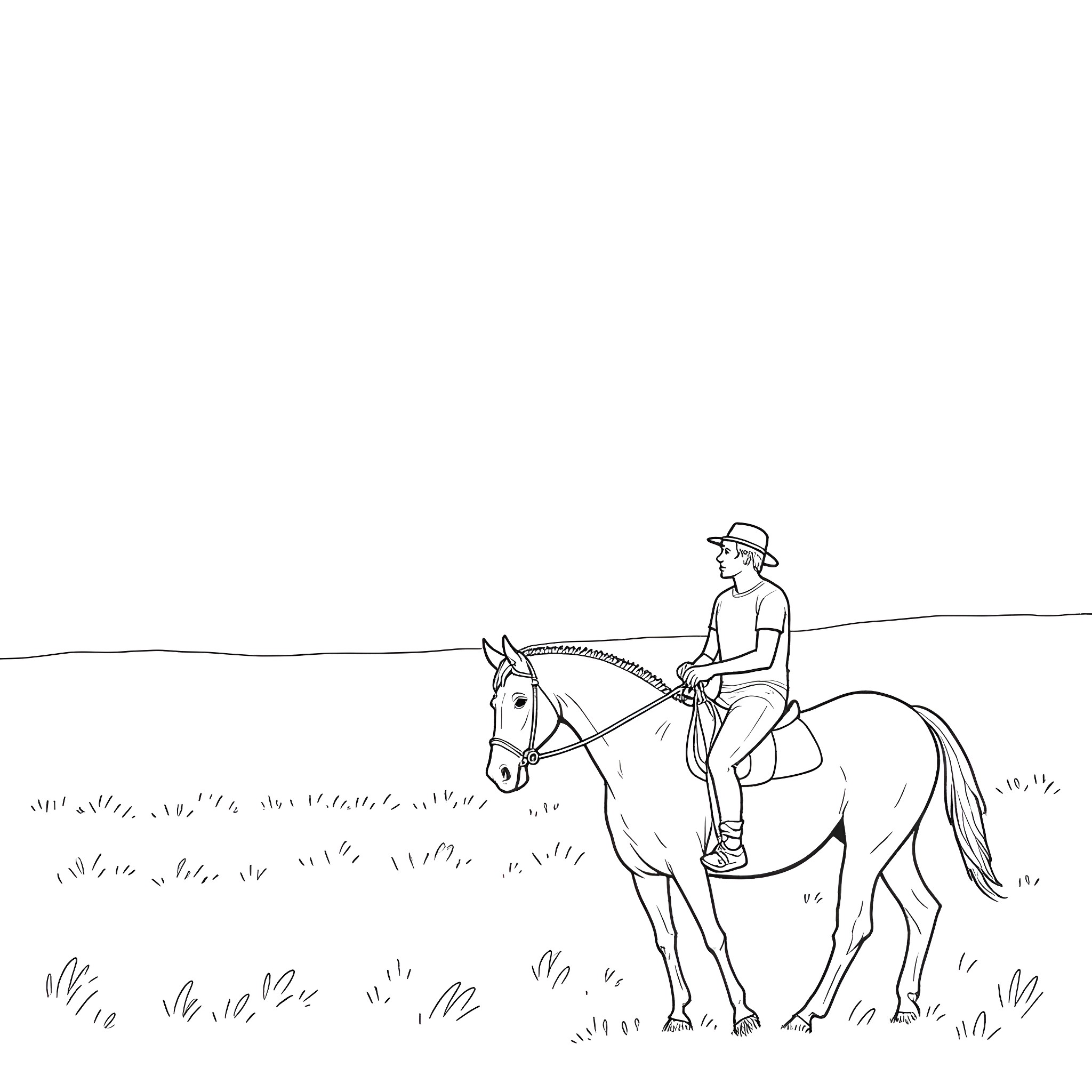 Horse rider enjoying a leisurely ride through the countryside Coloring Page (free black-and-white line drawing printable PDF for all, from beginners to advanced learners, including children, teens, adults, and seniors)