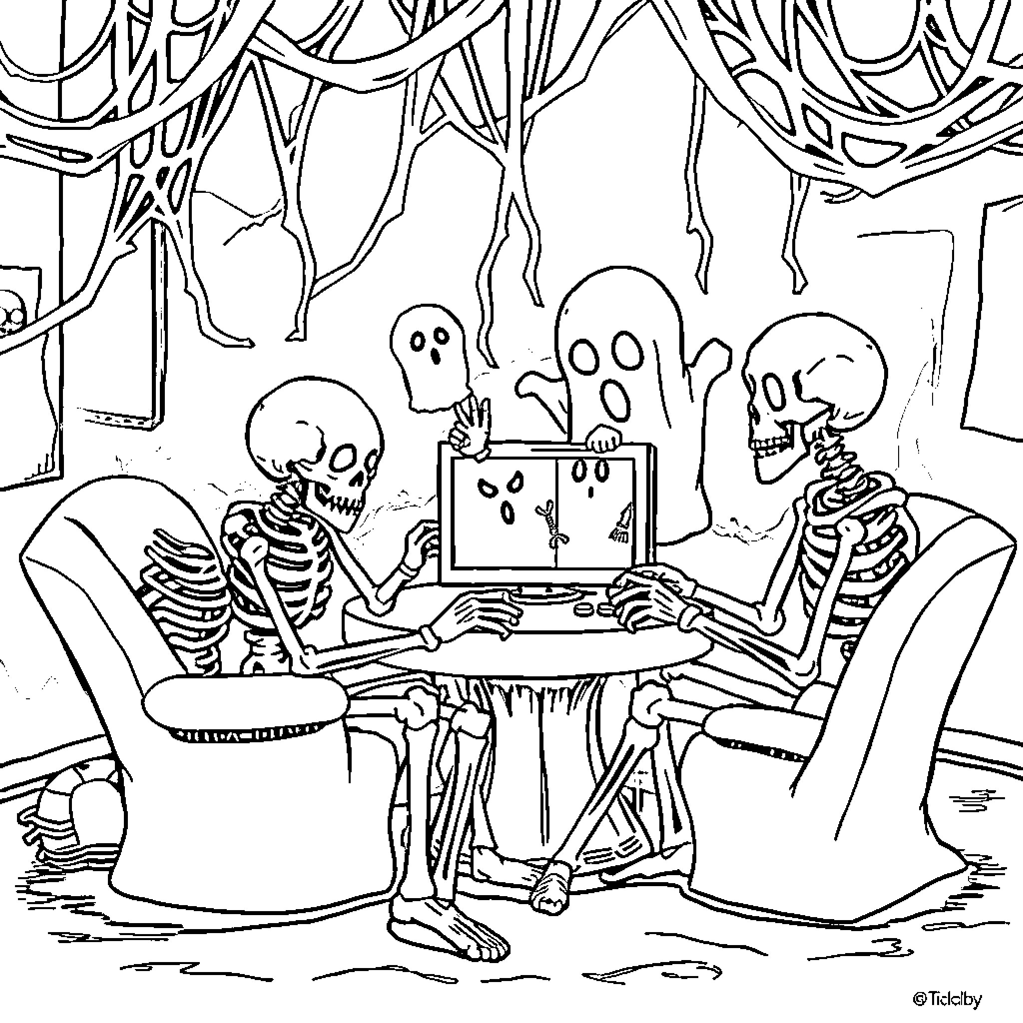 Skeleton friends playing video games together Coloring Page (free black-and-white line drawing printable PDF for all, from beginners to advanced learners, including children, teens, adults, and seniors)