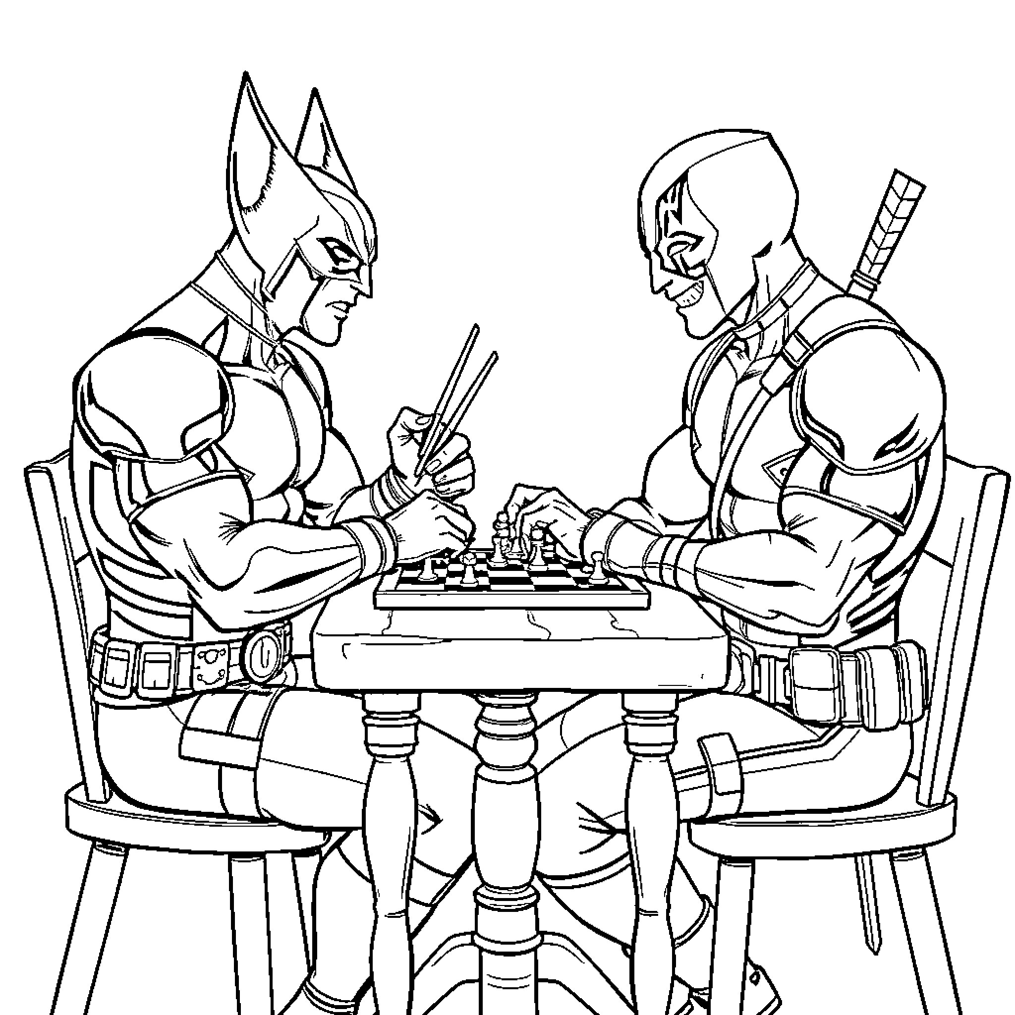 Wolverine playing chess with Deadpool Coloring Page (free black-and-white line drawing printable PDF for all, from beginners to advanced learners, including children, teens, adults, and seniors)