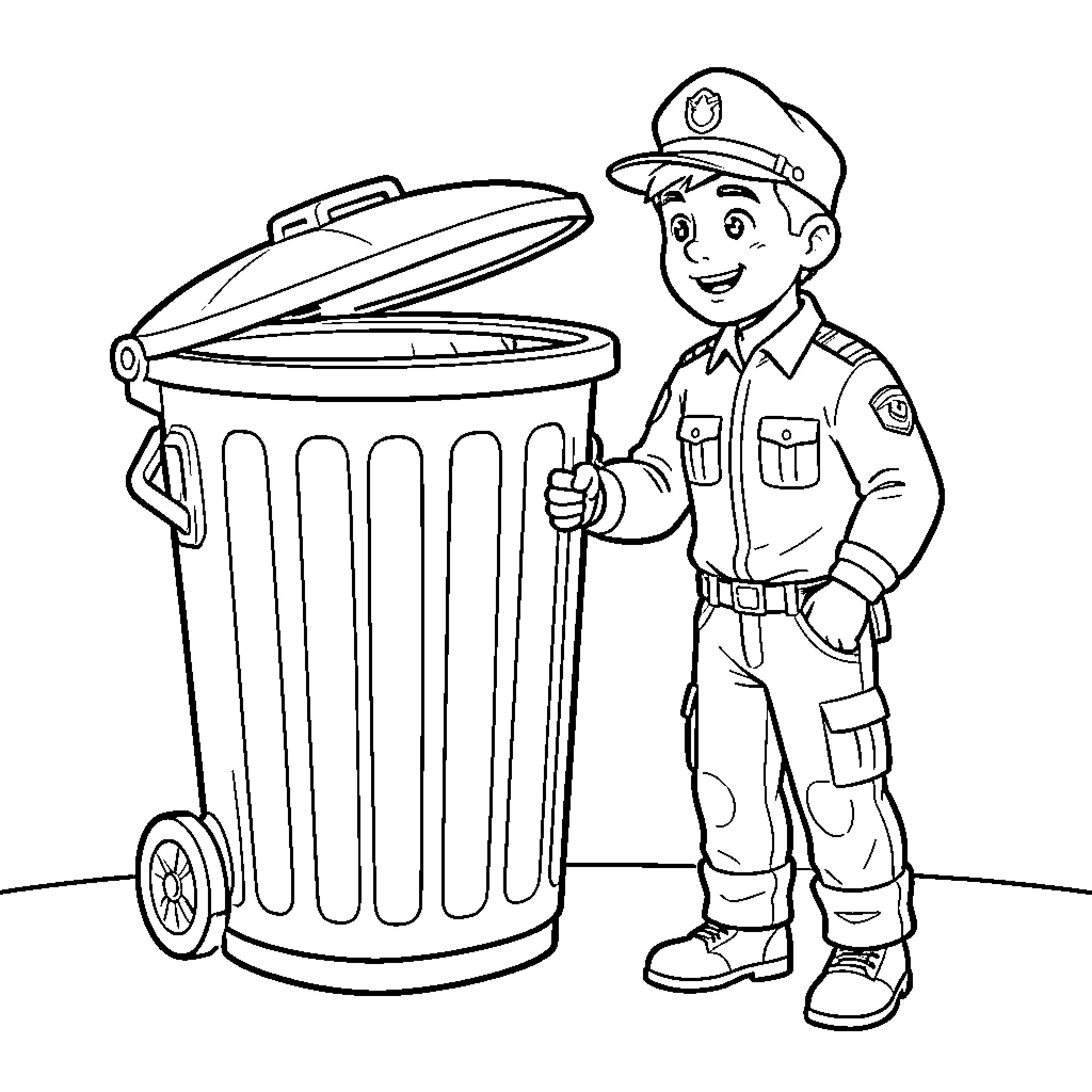 Ruben the Helpful Garbage Collector Coloring Page (free black-and-white line drawing printable PDF for all, from beginners to advanced learners, including children, teens, adults, and seniors)
